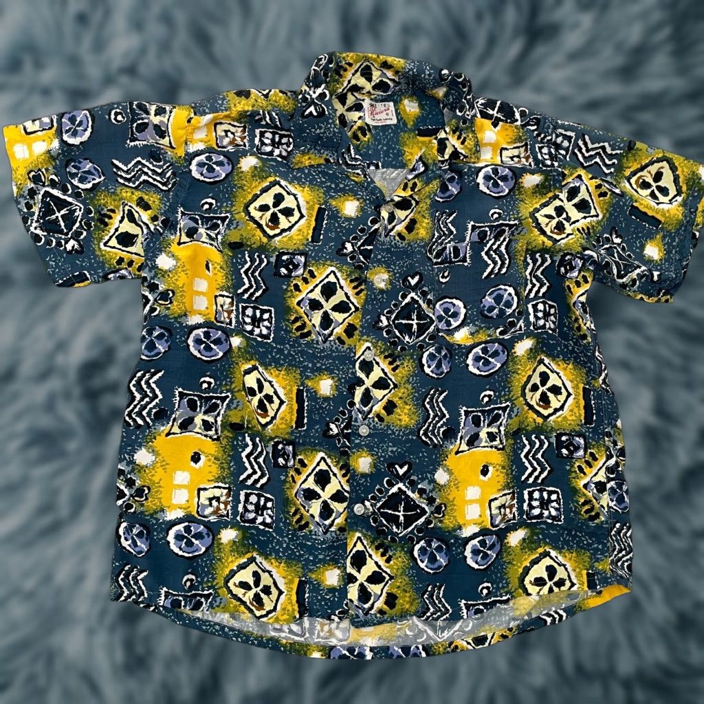 VINTAGE Riviera Button-Up Shirt Adult XL Blue Geometric Rayon 50s 60s Beach Mens