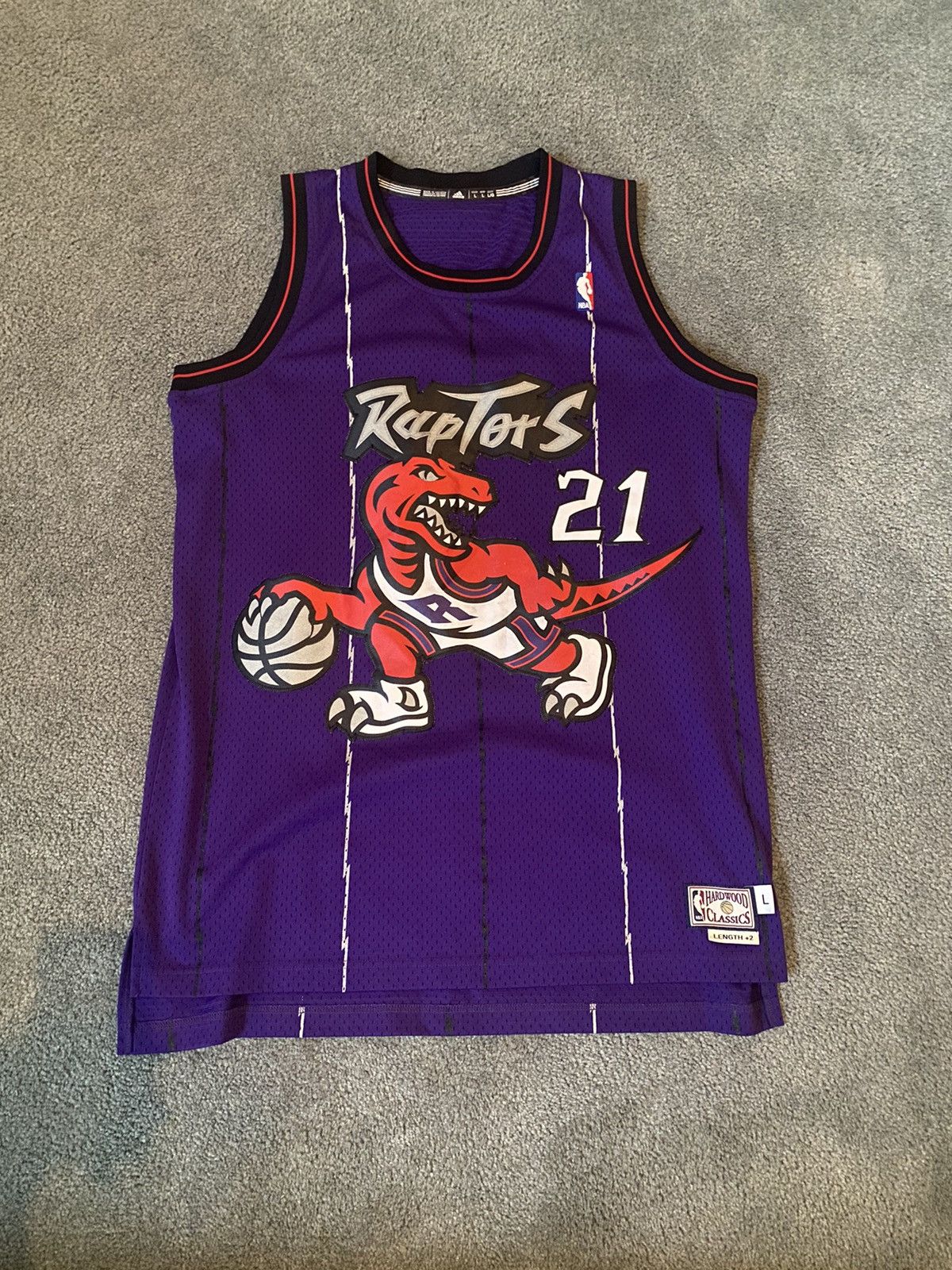 image of Adidas x NBA Raptors Marcus Camby Dino Jersey in Purple, Men's (Size Large)