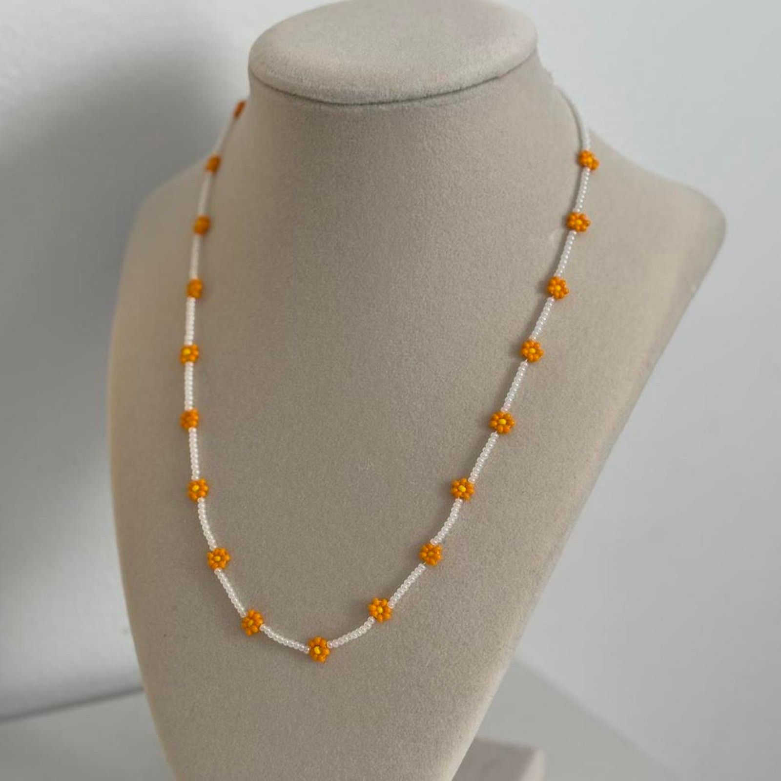Other Orange White Beaded Flower Necklace Handmade Floral Jewelry Size ONE SIZE - 3 Thumbnail