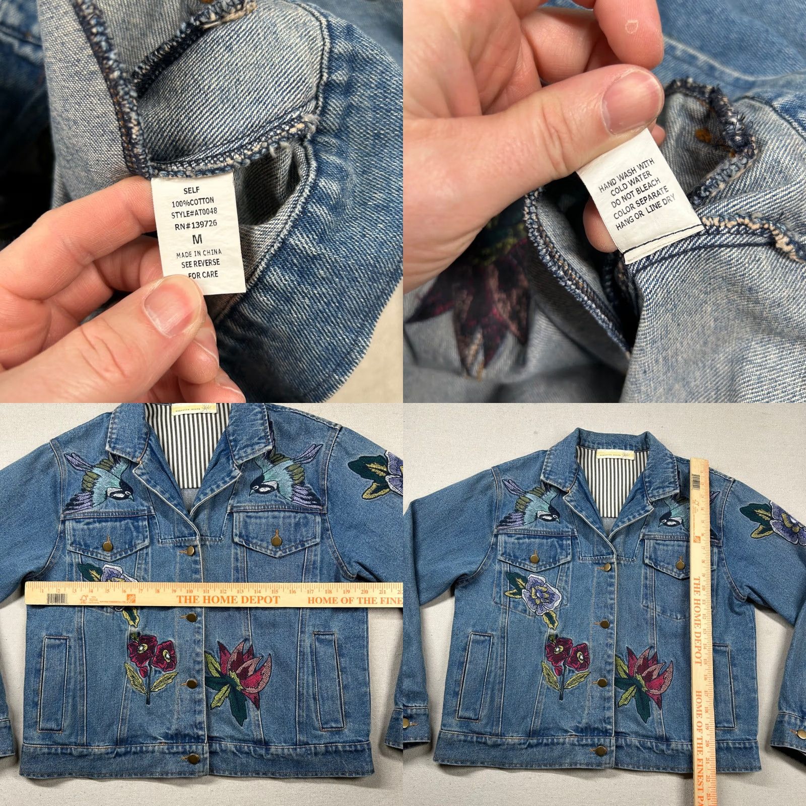 Denime Magnolia South Denim Jacket Womens M Embroidered Bird Flowers Trucker Blue Jean Shirt Size 32" / US 10 / IT 46 - 8 Thumbnail