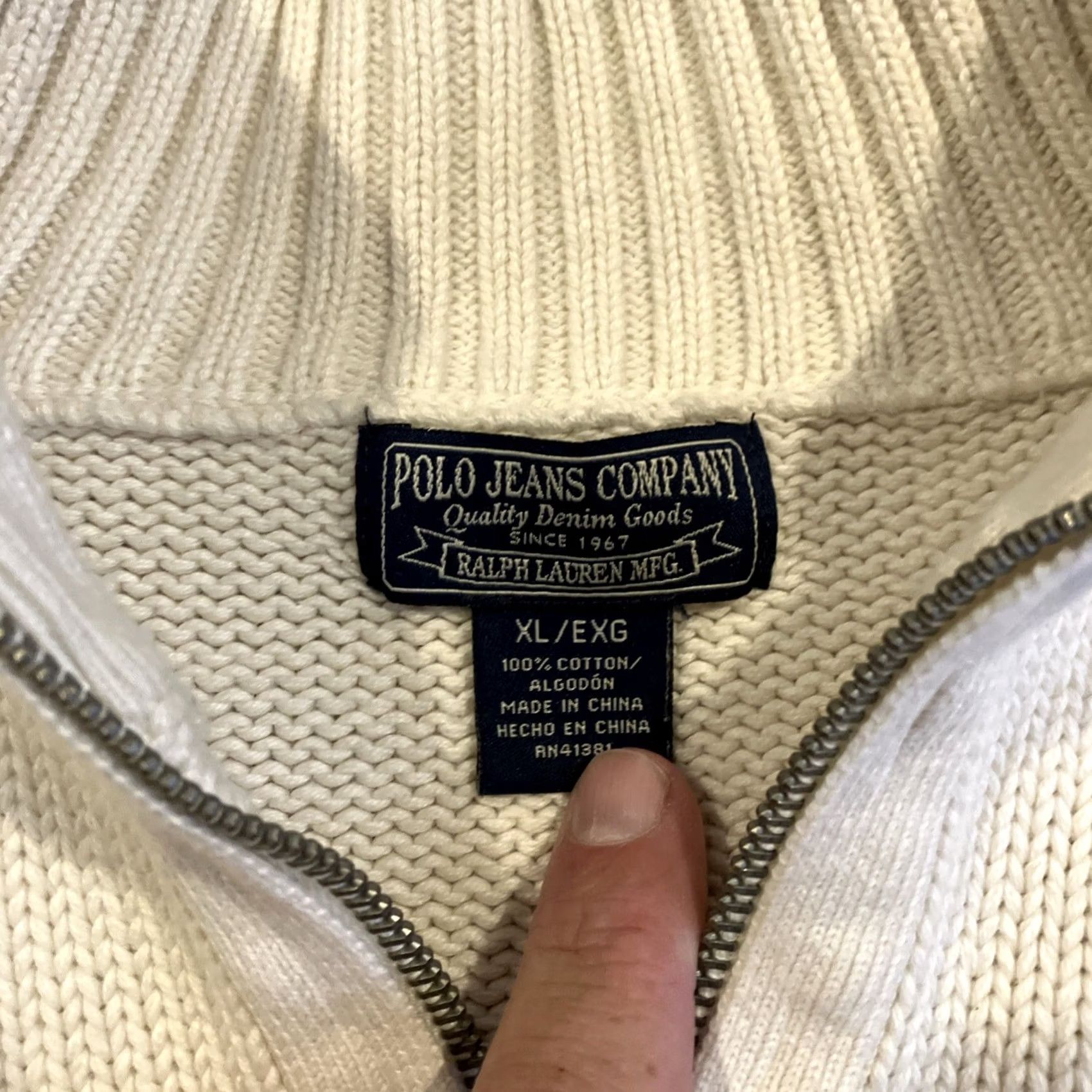 Polo Ralph Lauren VINTAGE Polo Jeans Co. Ivory Quarter Zip Heavy Knit Cotton Sweater Men's XL Pullover Mock Neck Size US XL / EU 56 / 4 - 3 Thumbnail