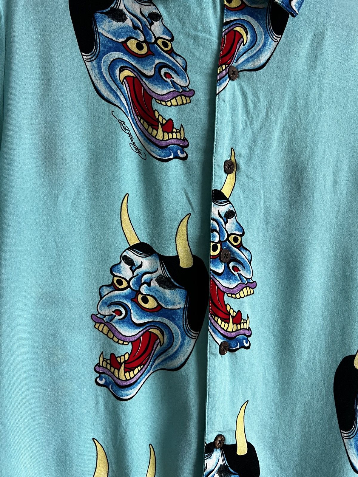Ed Hardy Ed Hardy Devil Face Button Down Camp Shirt Aqua Size US S / EU 44-46 / 1 - 6 Thumbnail