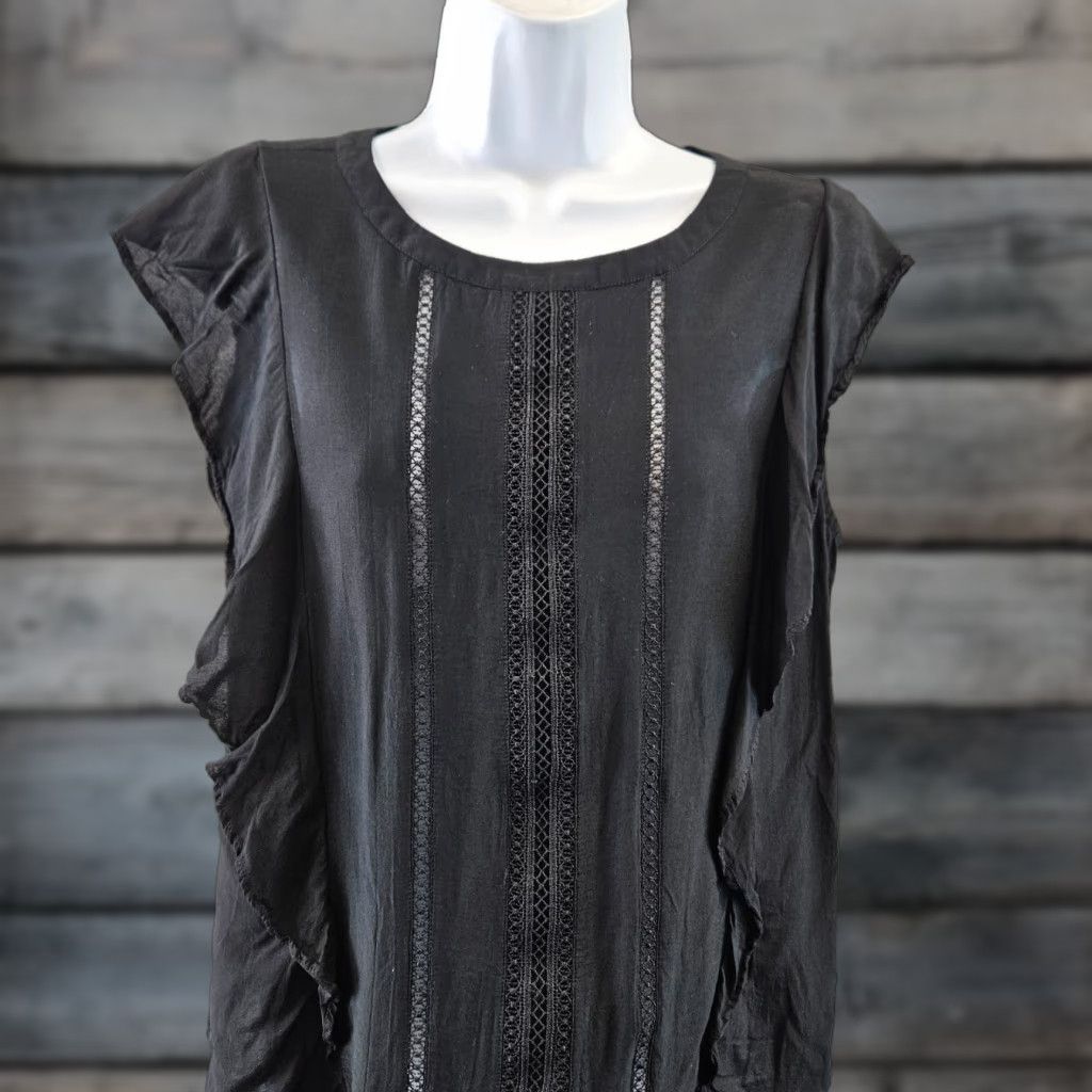 Ann Taylor Ann Taylor LOFT Womens Blouse Sz M Solid Black Round Neck Rayon Ruffle Size M / US 6-8 / IT 42-44 - 1 Thumbnail