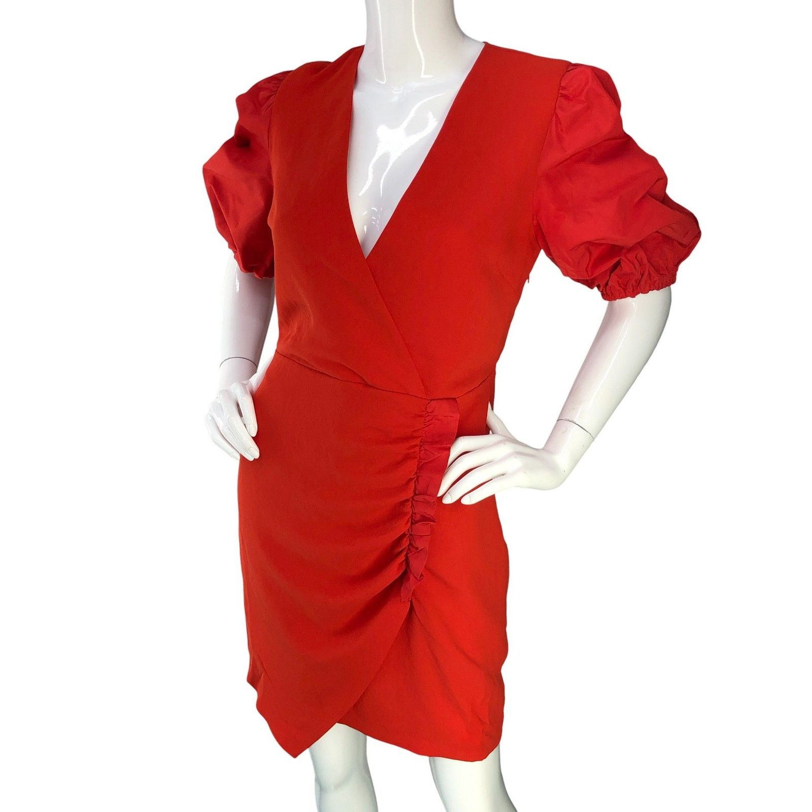 Pinko Pinko Dress 6 Red Puff Sleeve Ruched Wrap V Neck Cocktail Size M / US 6-8 / IT 42-44 - 1 Thumbnail