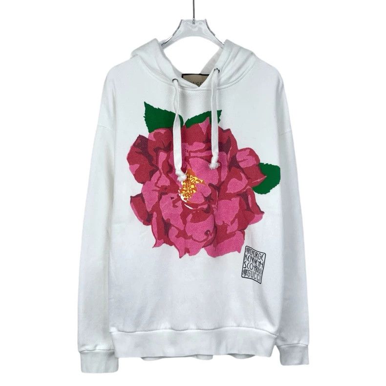 Gucci White floral printed round-neck cotton hooded drawstr