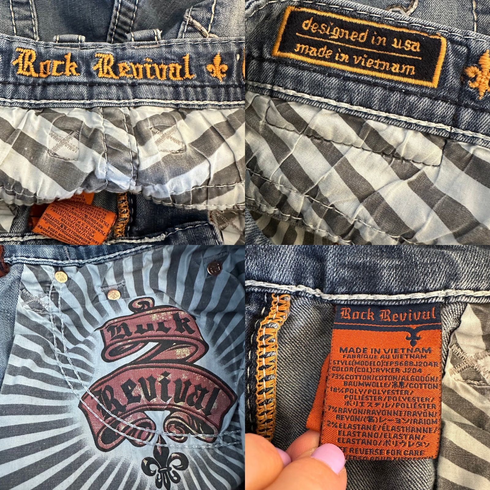 Vintage Rock Revival Jeans 34 Men Straight Denim Blue 5-Pocket Embroidered Distressed Logo Patch Leather Ride Biker Mid Lift 32 Inseam Mens Size US 34 / EU 50 - 9 Thumbnail