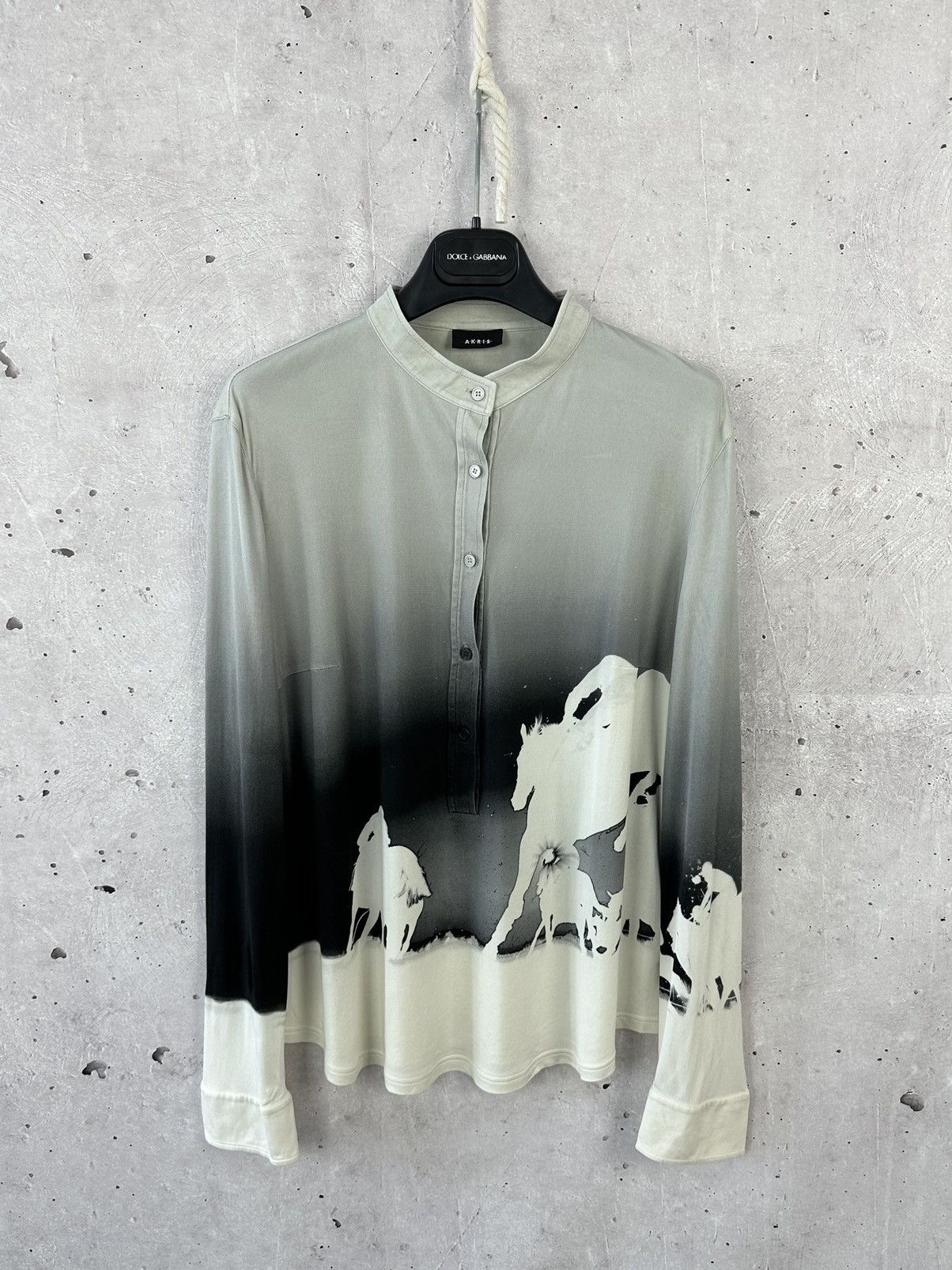 image of Akris Horses Cowboy Printed Silk Long Sleeve Blouse in Black Grey, Women's (Size Medium)
