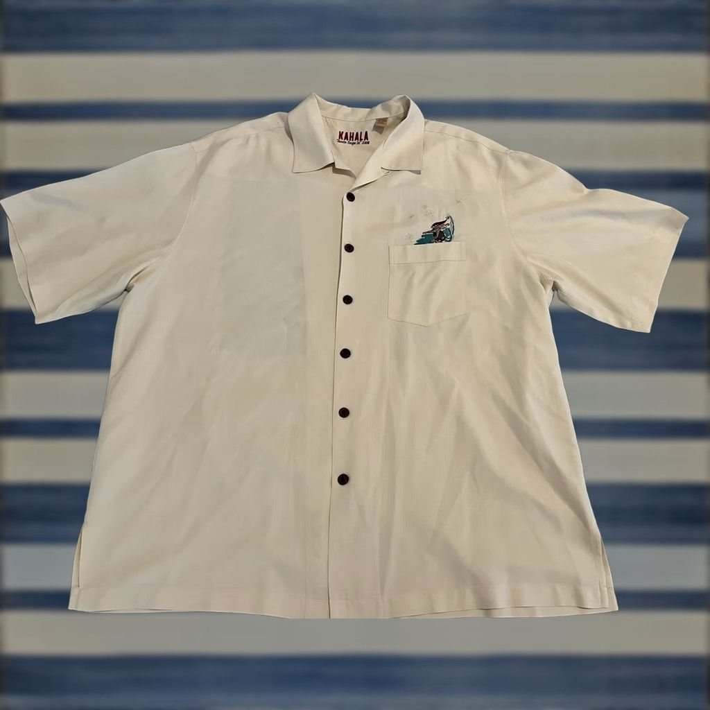 Vintage VINTAGE Kahala Silk Shirt Mens 2XL Ivory Short Sleeve Button-Up Embroidered Aloha Beach Hawaii 2008 Santa Drops In Size US XXL / EU 58 / 5 - 1 Thumbnail