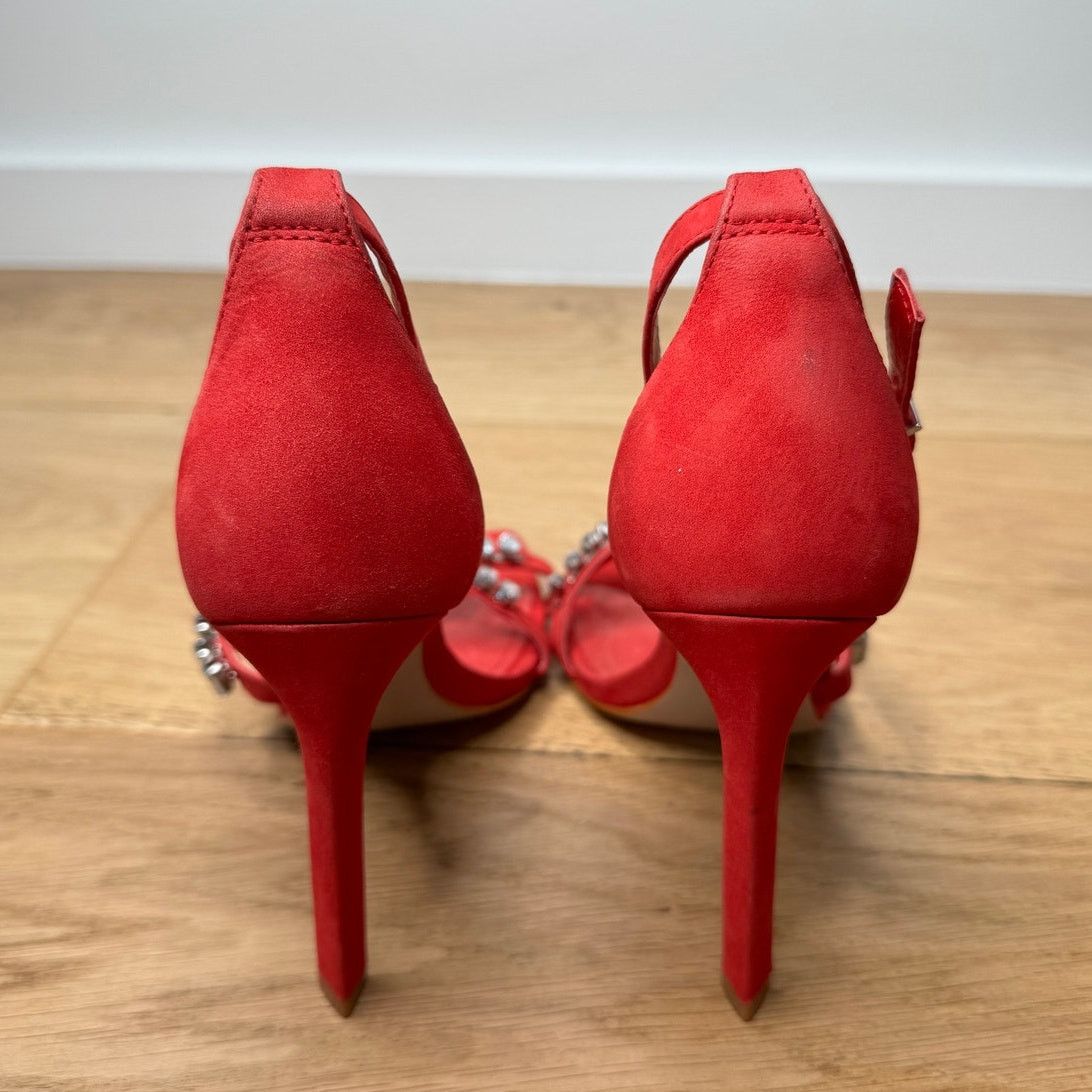 SCHUTZ NEW Schutz Linsey Red Nubuck Sandal Crystal Heels Size US 7 / IT 37 - 7 Thumbnail