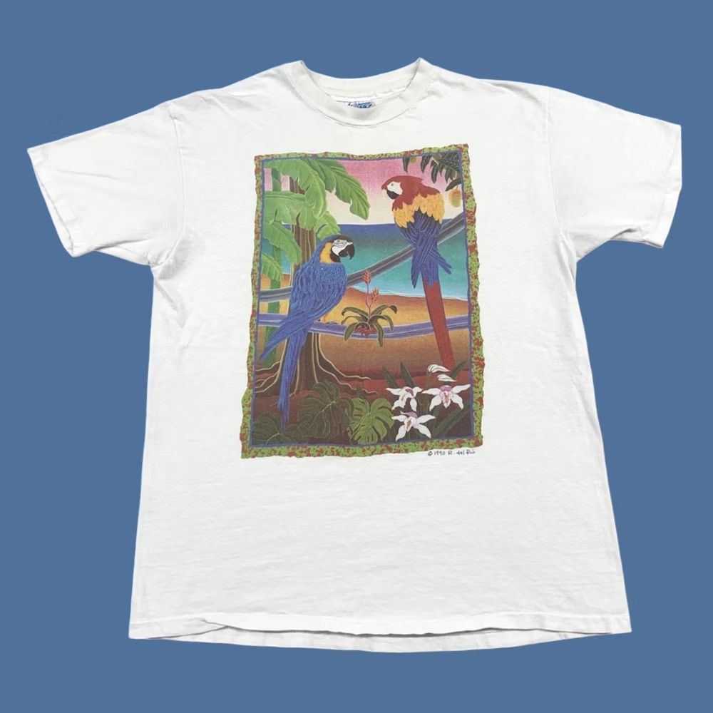 Hanes VINTAGE R. Del Rio Parrot Nature T Shirt Men's XL White Single Stitch USA 90s Hanes Size US XL / EU 56 / 4 - 1 Thumbnail