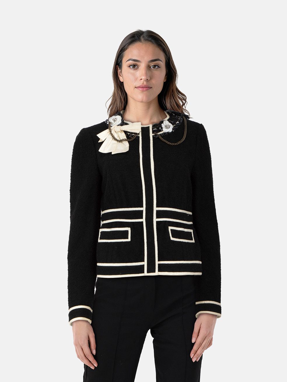 Black Wool Bow Embellished Detail Jacket