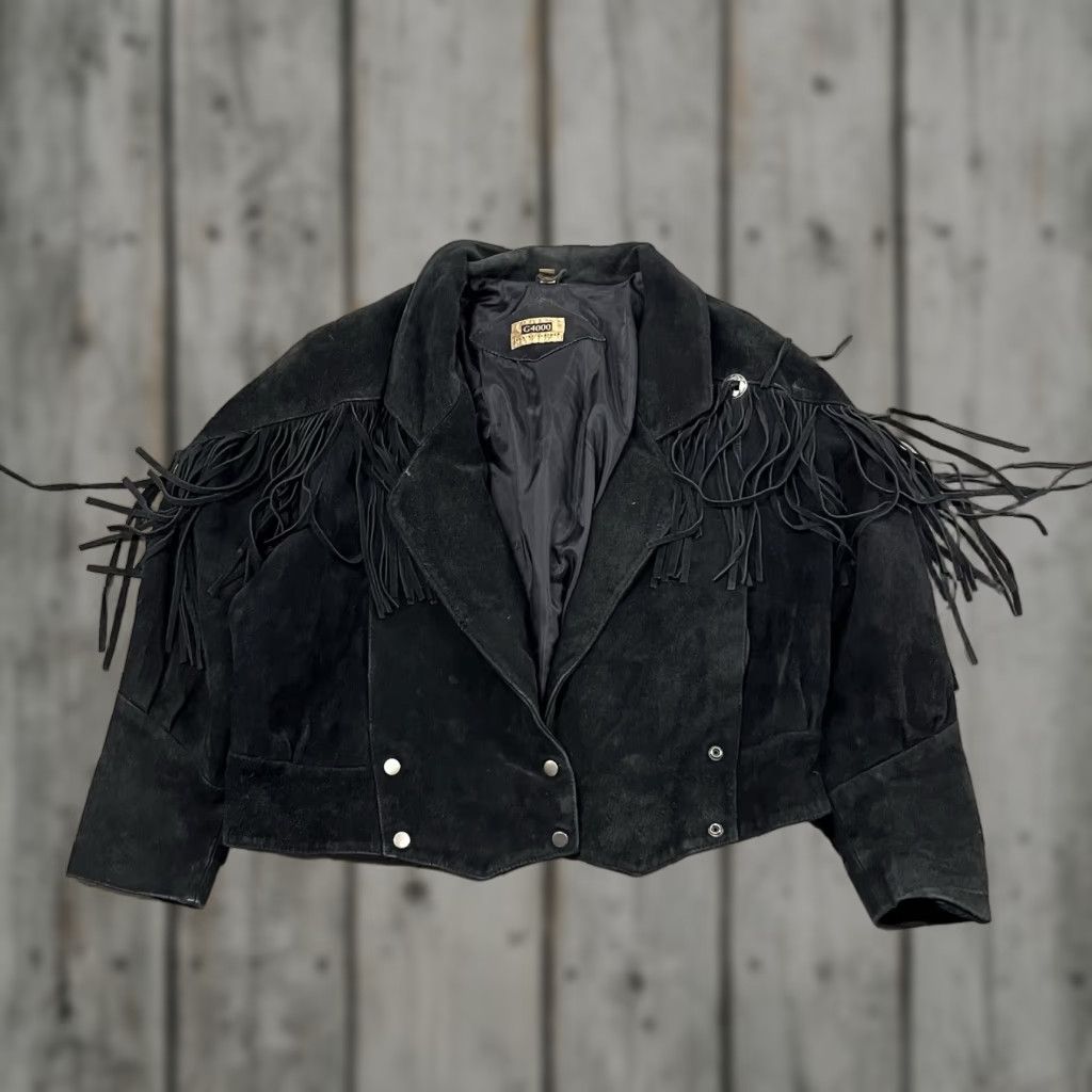 VINTAGE Black Suede Leather Fringe Western Jacket Cropped Size L