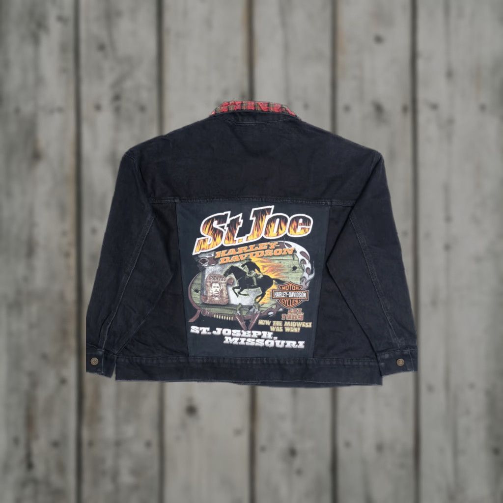 Boohoo VINTAGE Boohoo Upcycled Flannel & Harley Davidson Back Patch Denim Jacket Shirt XX-Large Black Cotton Mens Size US XXL / EU 58 / 5 - 1 Thumbnail