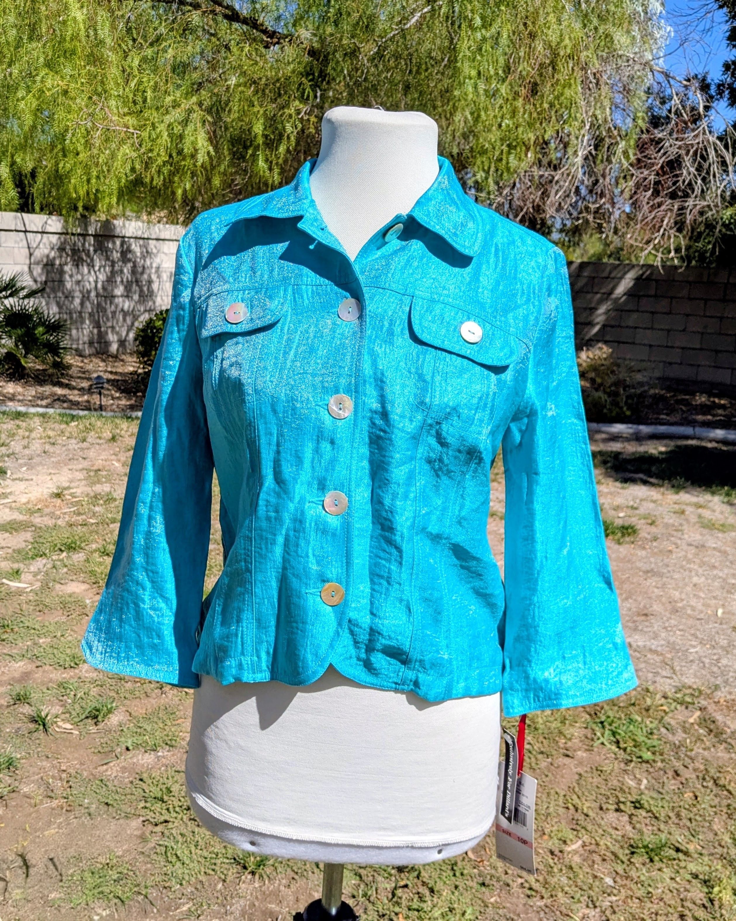 Other Ruby Rd. Petite Shiny Aqua Blue 3/4-Sleeve Top Blouse Top Size L / US 10 / IT 46 - 1 Thumbnail