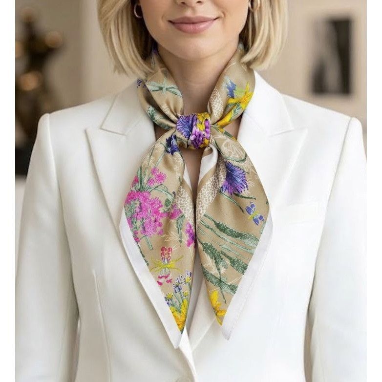 Other ⭐Elegant Silky Square Scarf Beige Gray Botanical Wildflower Size ONE SIZE - 1 Thumbnail