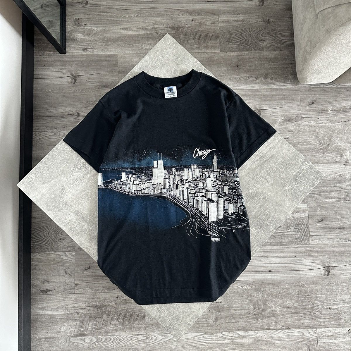 image of Vintage 80's San Segal Sportswear Chicago City Aop Tee in Navy, Men's (Size Medium)