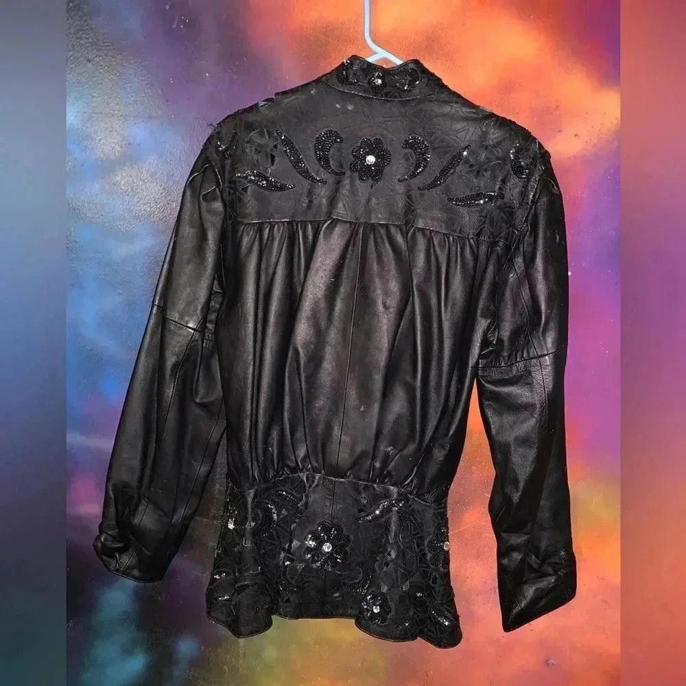 Designer Vintage leather jacket with sequin detail Size M / US 6-8 / IT 42-44 - 3 Thumbnail
