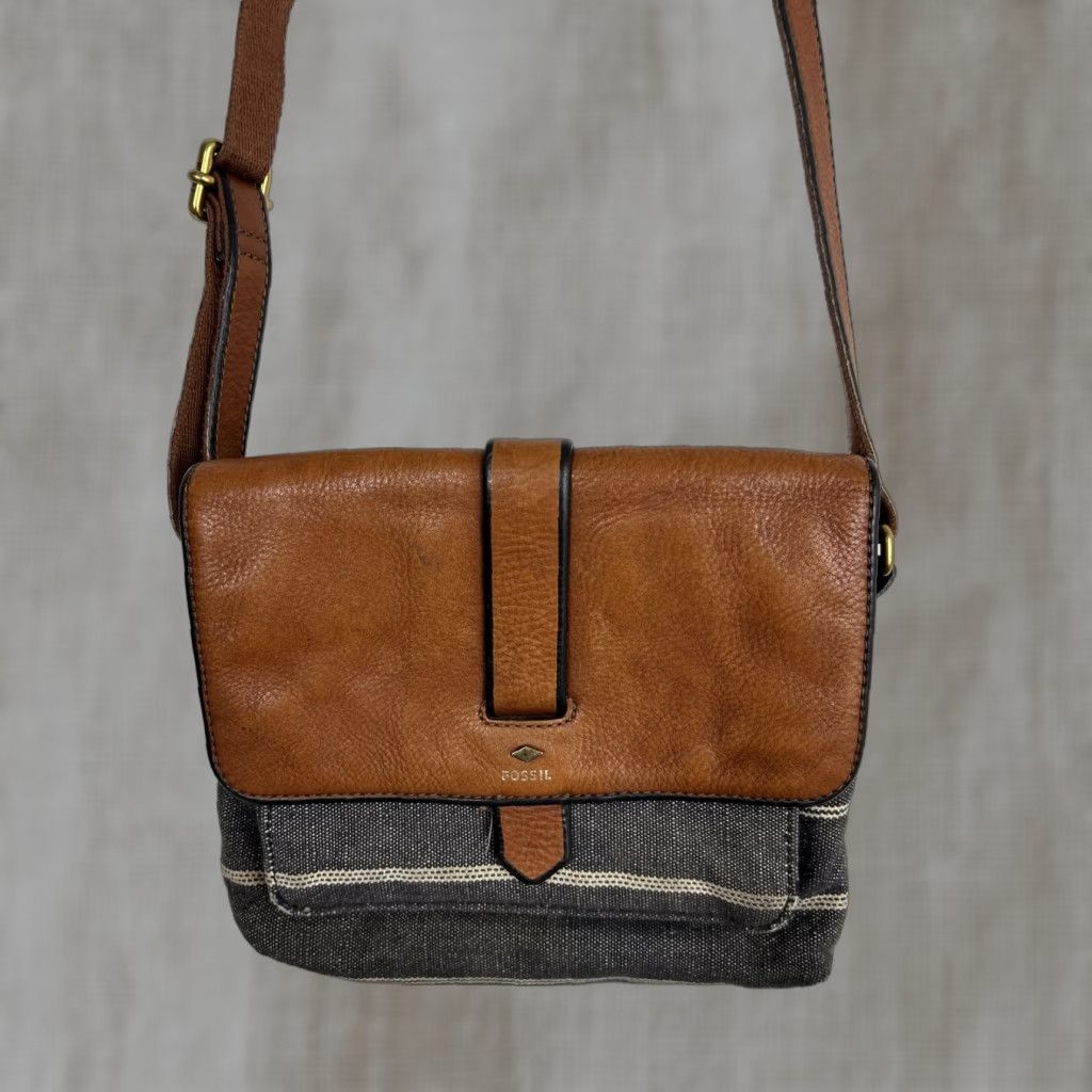 Fossil Fossil Crossbody Purse Black Denim Striped Brown Leather Flap Small Women Size ONE SIZE - 1 Thumbnail