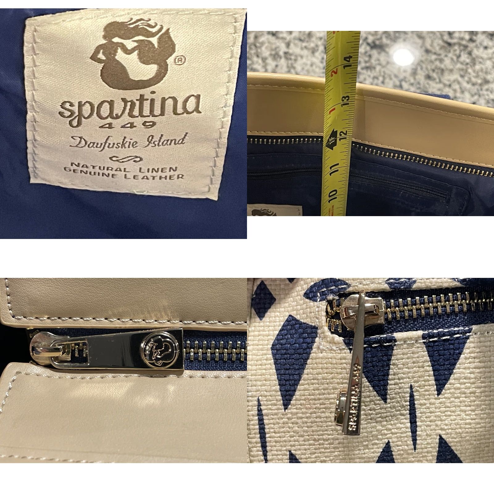 Vintage SPARTINA 449 Daufuskie Island Tybrisa Colypso Diaper Bag, Natural Linen/Leather Handbag Blue/White Exterior Lined Women Size ONE SIZE - 8 Thumbnail