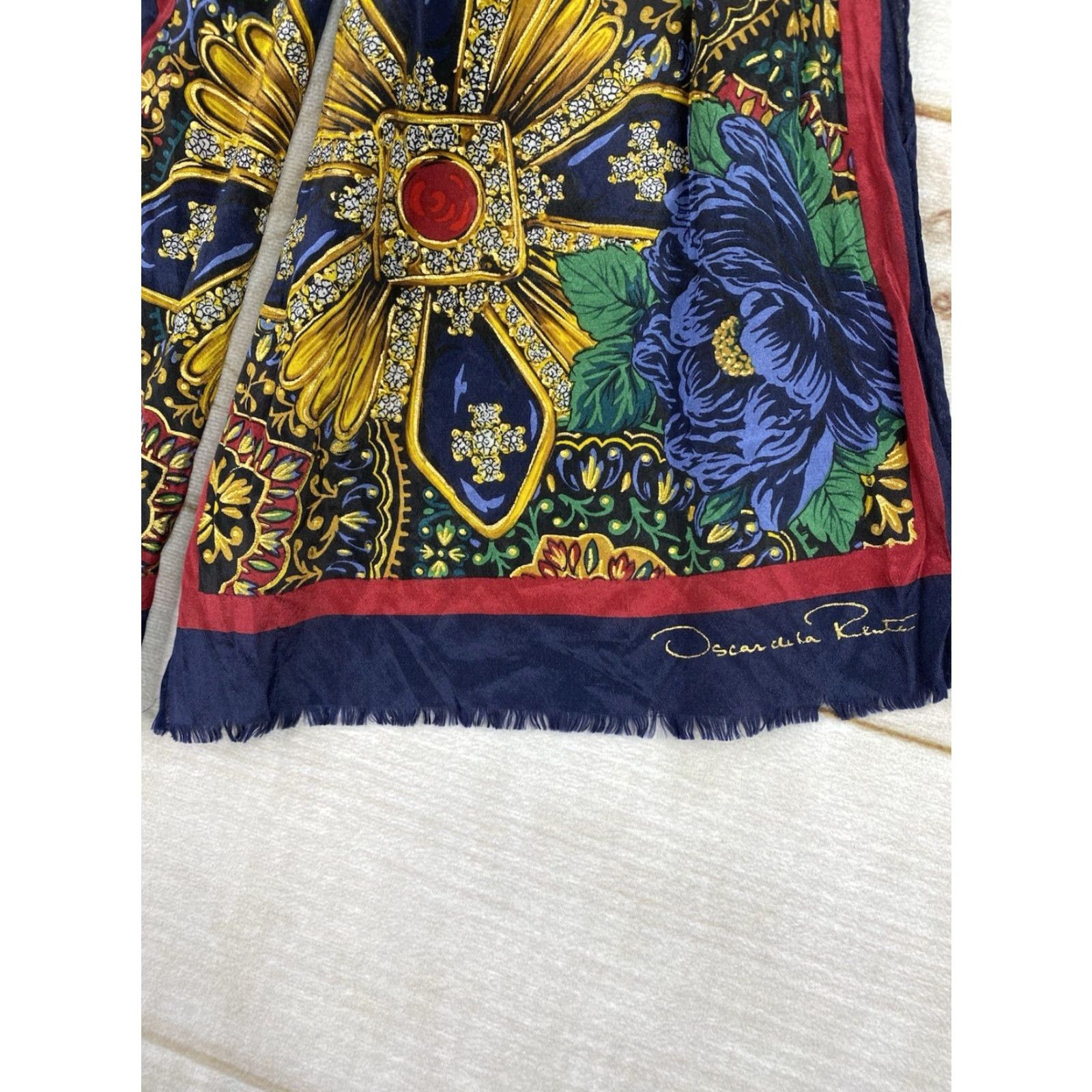 Oscar De La Renta Vtg Oscar De La Renta Silk Scarf Baroque Floral Jewel Print Fall Accessories 53” Silk Chiffon Multicolor 80s Floral Women Rectangle Scarf Size ONE SIZE - 2 Thumbnail