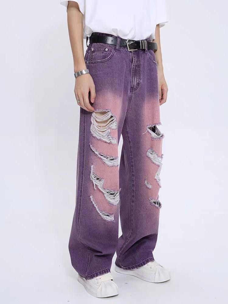 Jean Distressed Purple Wide Leg Denim Jeans Size US 32 / EU 48 - 2 Thumbnail