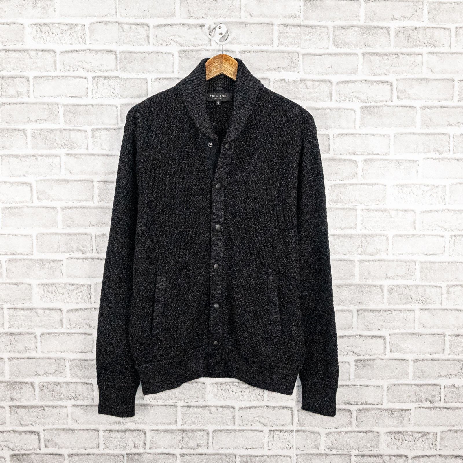 image of Rag Bone Rag & Bone New York Shawl Cardigan Sweater Black Heavy Knit, Men's (Size Medium)