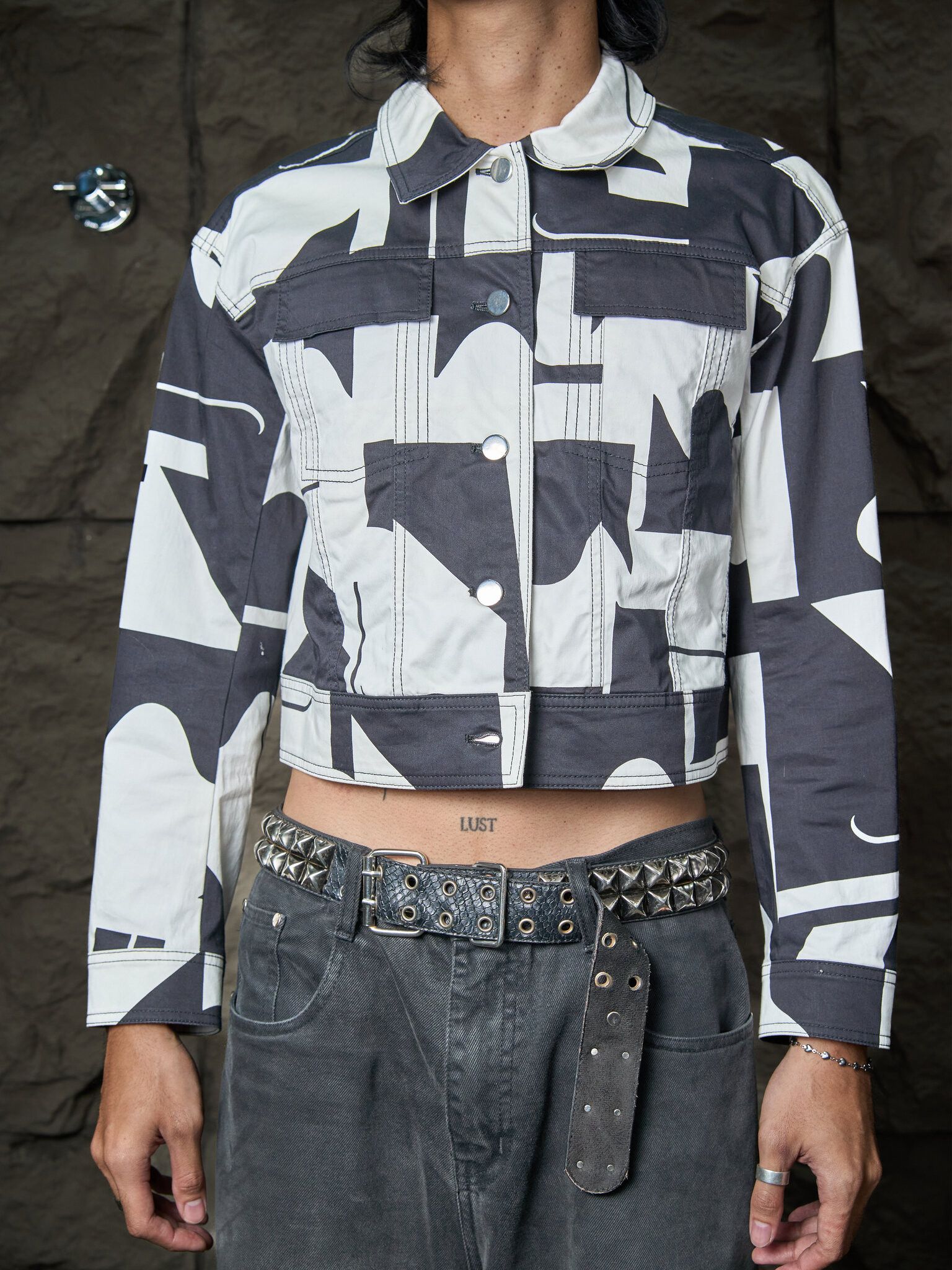 Vintage Hiroko Koshino Abstract Print Cropped Jacket Black White 40, Women's