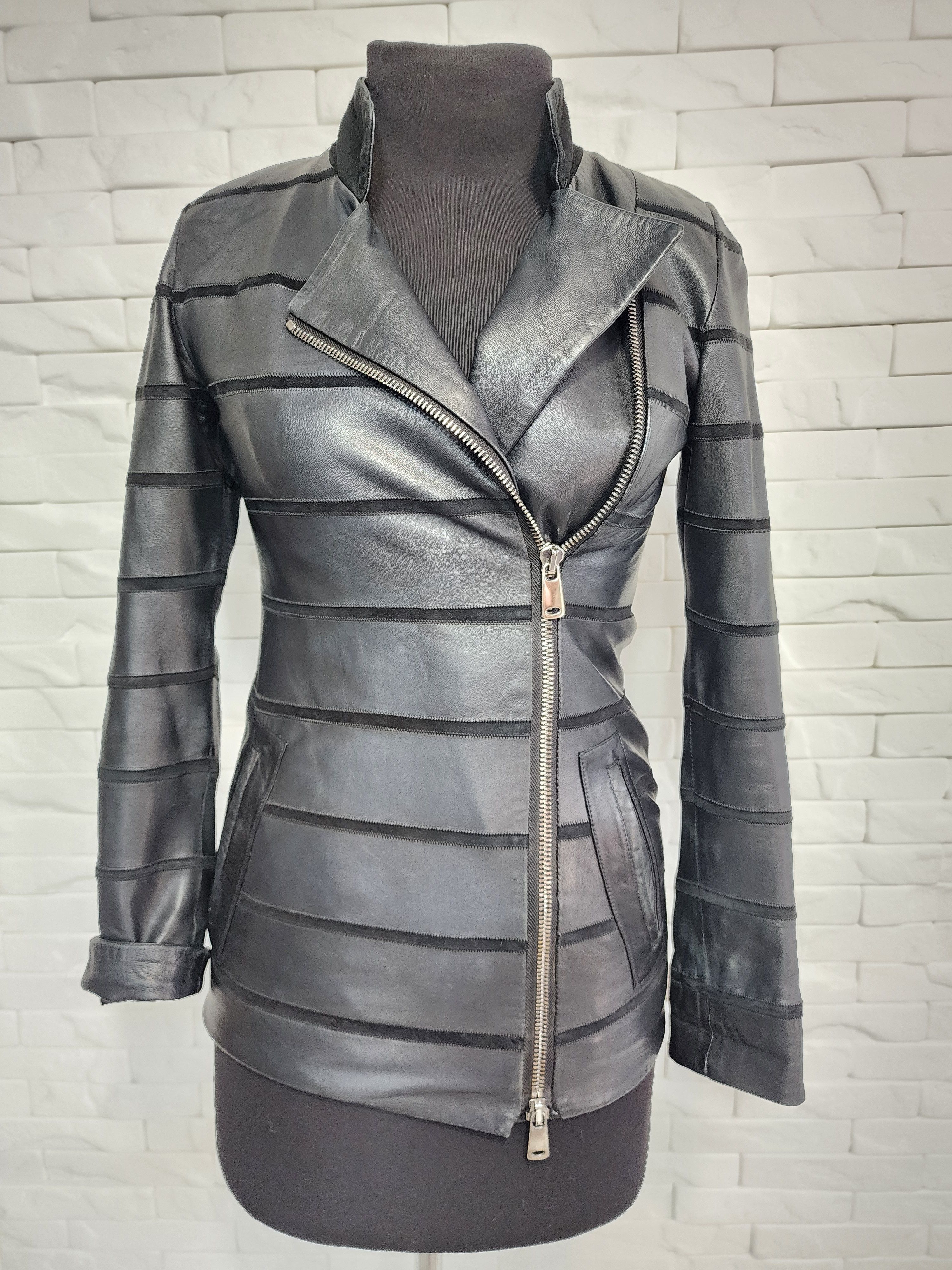 Designer Black Women's Leather Jacket: Striped Top, Zippered Size S / US 4 / IT 40 - 1 Thumbnail