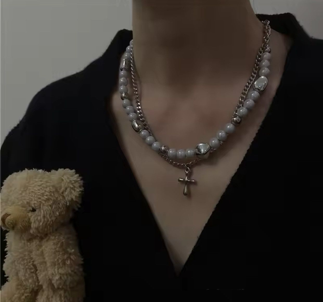 Jewelry × Vintage Hip Hop Double Layered Pearl Cross Necklace Size ONE SIZE - 4 Thumbnail