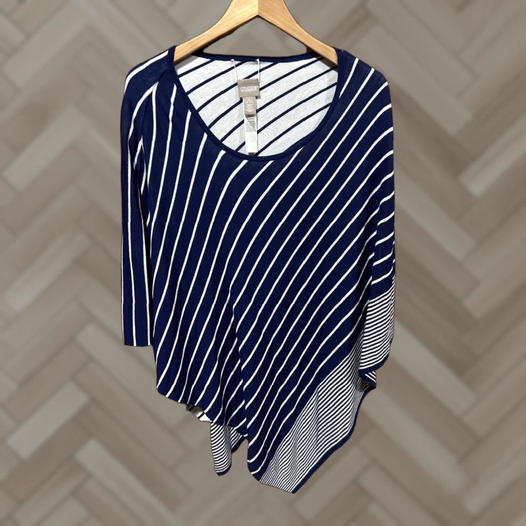Vintage Chicos Sweater Womens L/XL Blue Poncho Triangle Hem Nautical Coastal Knit Pullover Shirt Regular Knit Navy Size L / US 10 / IT 46 - 1 Thumbnail