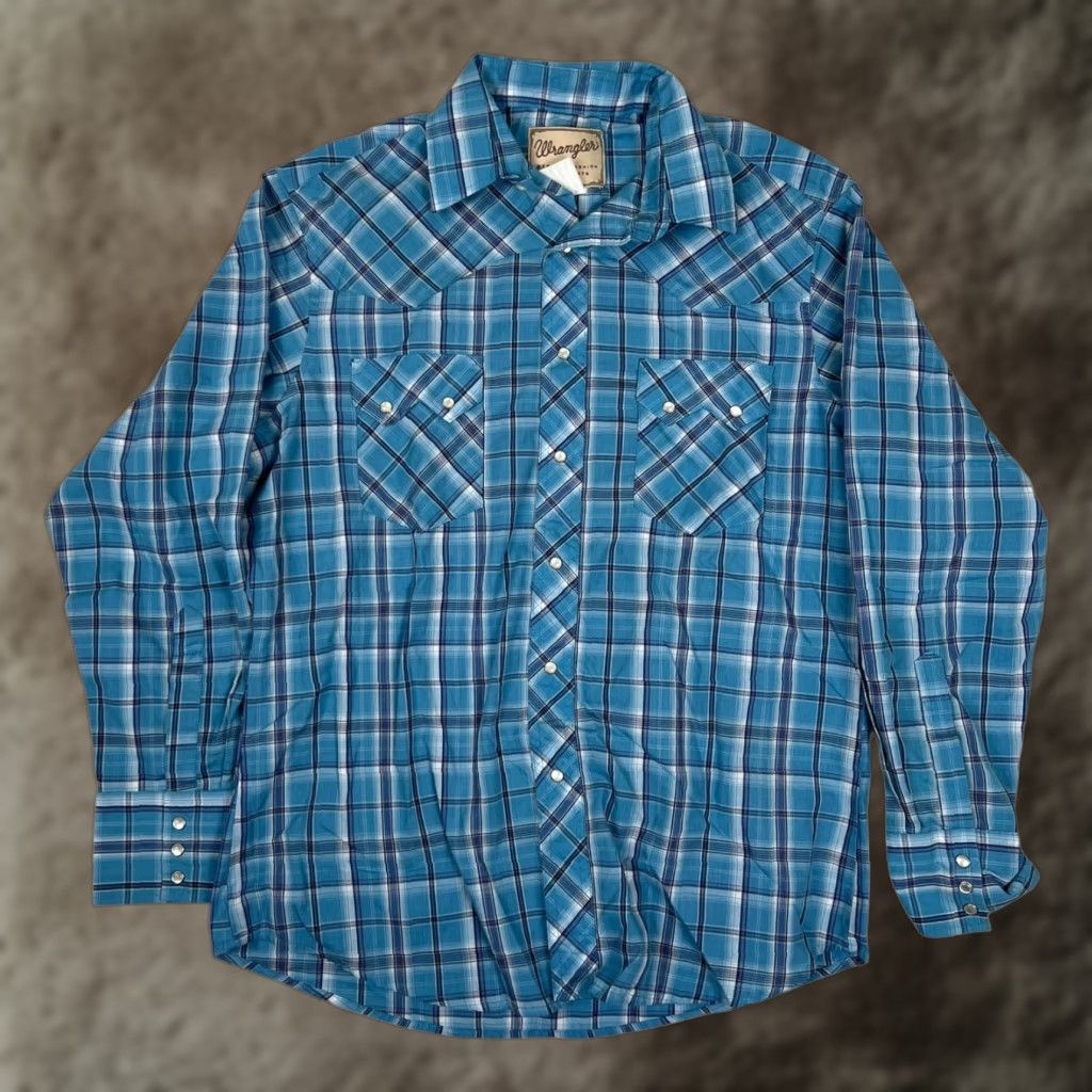 Wrangler VINTAGE Wrangler Western Shirt Plaid Pearl Snap XL Blue Men Shirt Junior? Size US XL / EU 56 / 4 - 1 Thumbnail