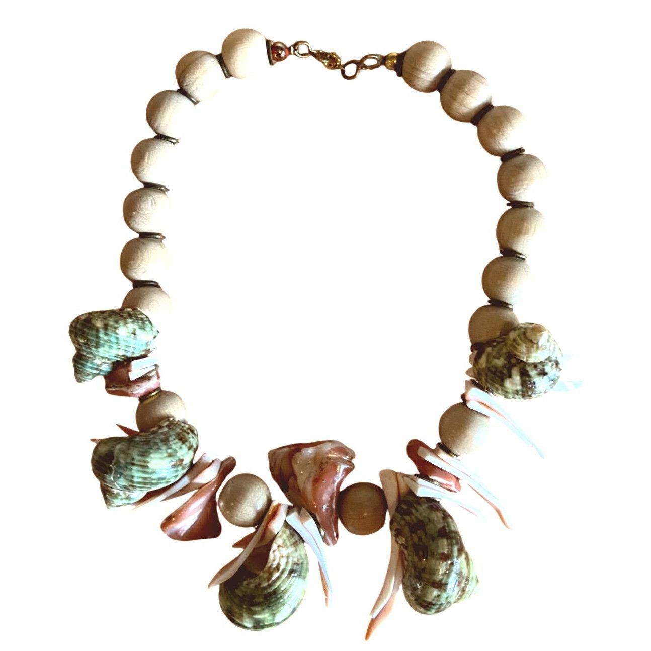 Other Wood Beads & Shell Necklace. 16" Long , 5/8" Beads 1.5" Larg Size ONE SIZE - 5 Thumbnail