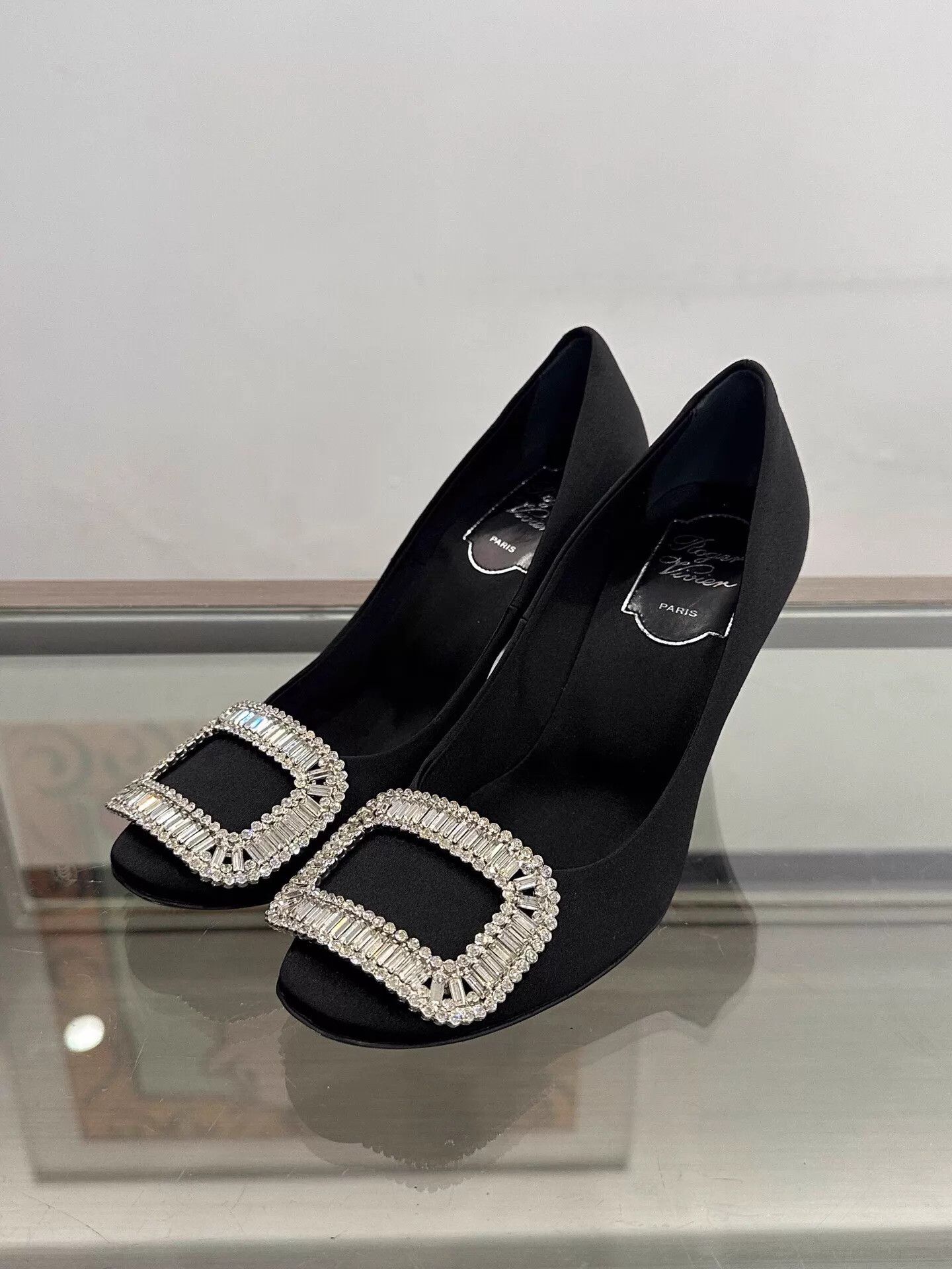 Roger Vivier RV 7cm black satin crystal square buckle heels women's 35 Size US 4.5 / IT 34.5 - 1 Thumbnail