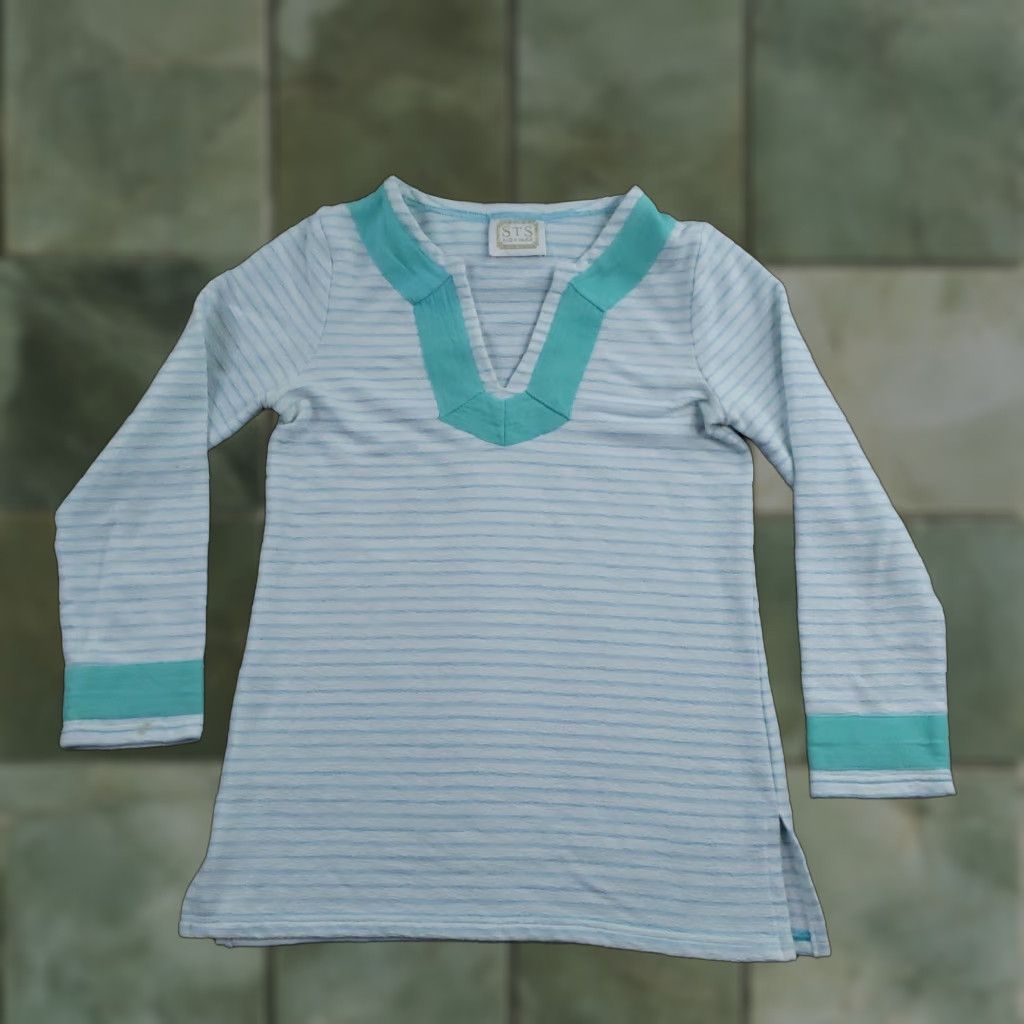 Vintage STS Sail to Sable Shirt Tunic Womens Medium White Blue Stripe V-Neck Long Sleeve Nautical Preppy Size M / US 6-8 / IT 42-44 - 1 Thumbnail