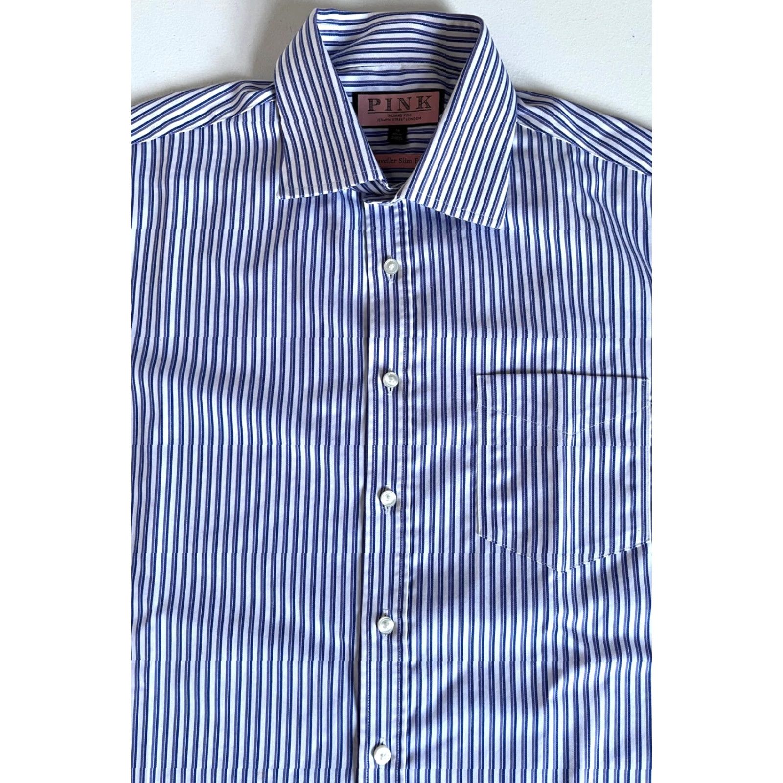 Pinko Thomas Pink Traveller Slim Fit Dress Shirt Striped Sz 16, 41cm Men’s Shirt, White/Blue/Purple, 100% Cotton, Long Sleeve, Button-Front, Spread Collar Size 42R - 5 Thumbnail