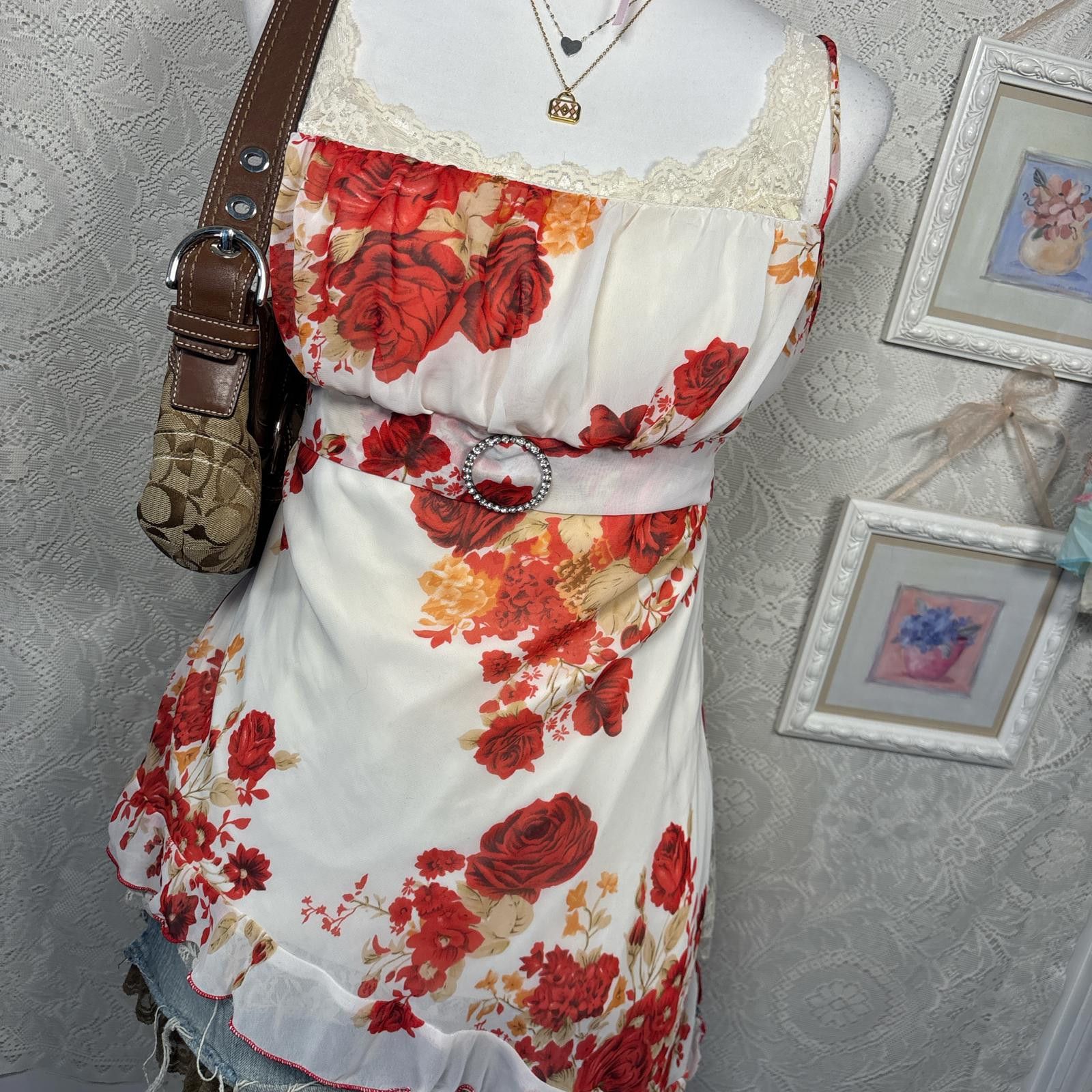 Other vintage floral ruffle asymmetrical silky top Size M / US 6-8 / IT 42-44 - 3 Thumbnail
