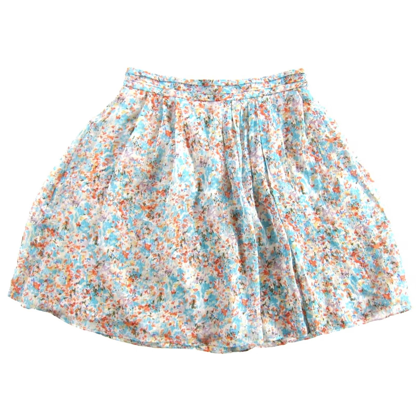 J.Crew J.CREW Floral Silk A-Line Skirt 0 Blue Orange Purple Green 100% Silk Lined Zip Short 90s Bohemian Womens Size 25" / US 0 / IT 36 - 2 Thumbnail
