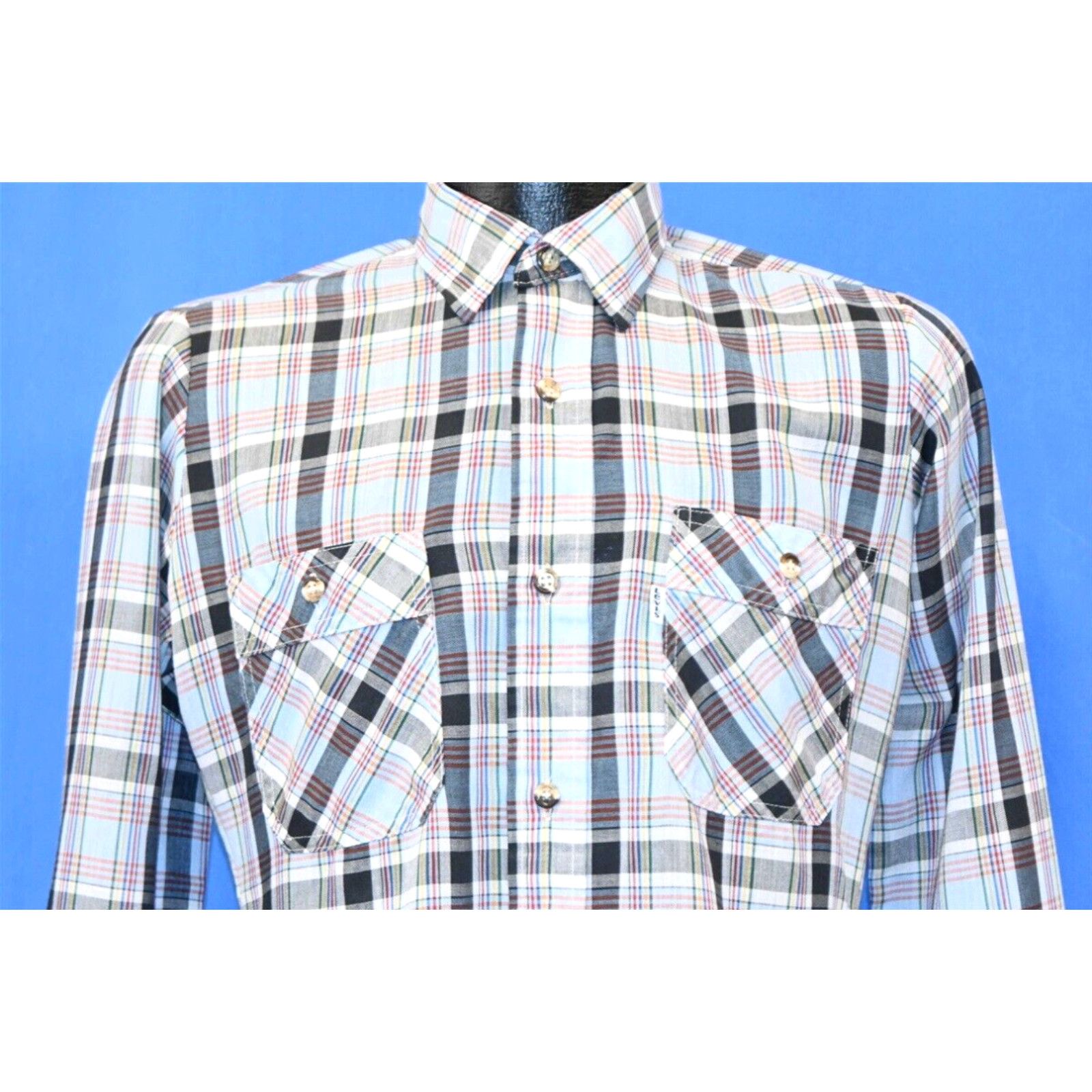 image of Vintage 80's Levis Blue Black Red Plaid Pocket Tapered Button Down Shirt S in White (Size Small)