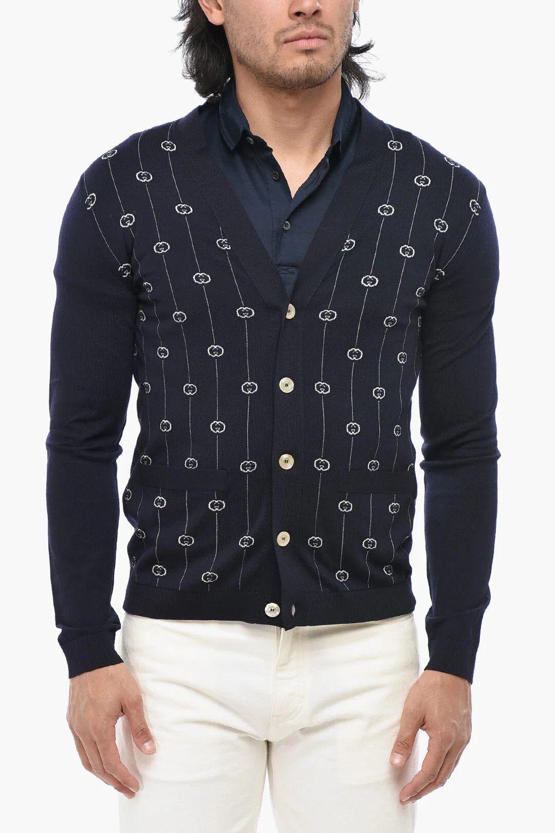 Gucci og1mm0426 Wool and Nylon Iconic-Pattern Cardigan in Blue Size US S / EU 44-46 / 1 - 1 Thumbnail