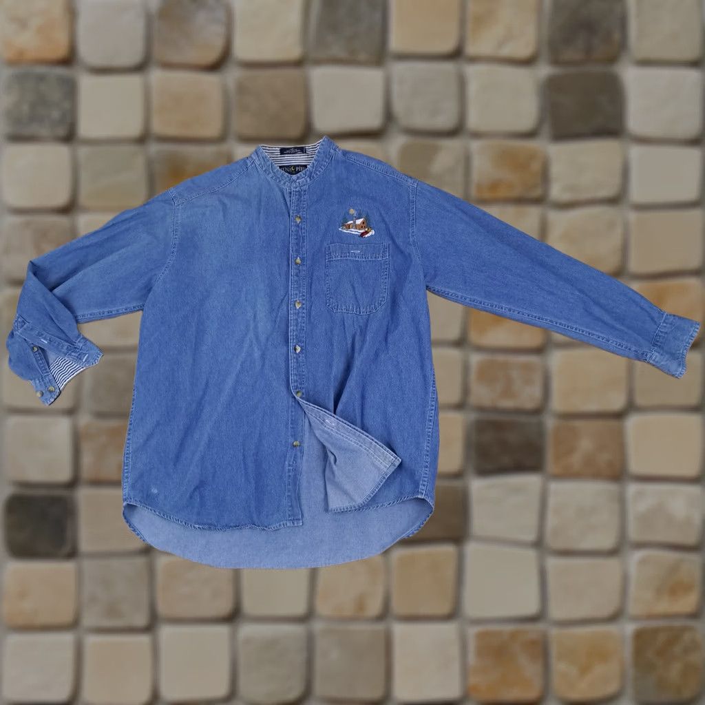 Vintage Blue Jeans Shirt Embroided Winter Cabin & Snowmobile Print Full Button LG Size US L / EU 52-54 / 3 - 1 Thumbnail