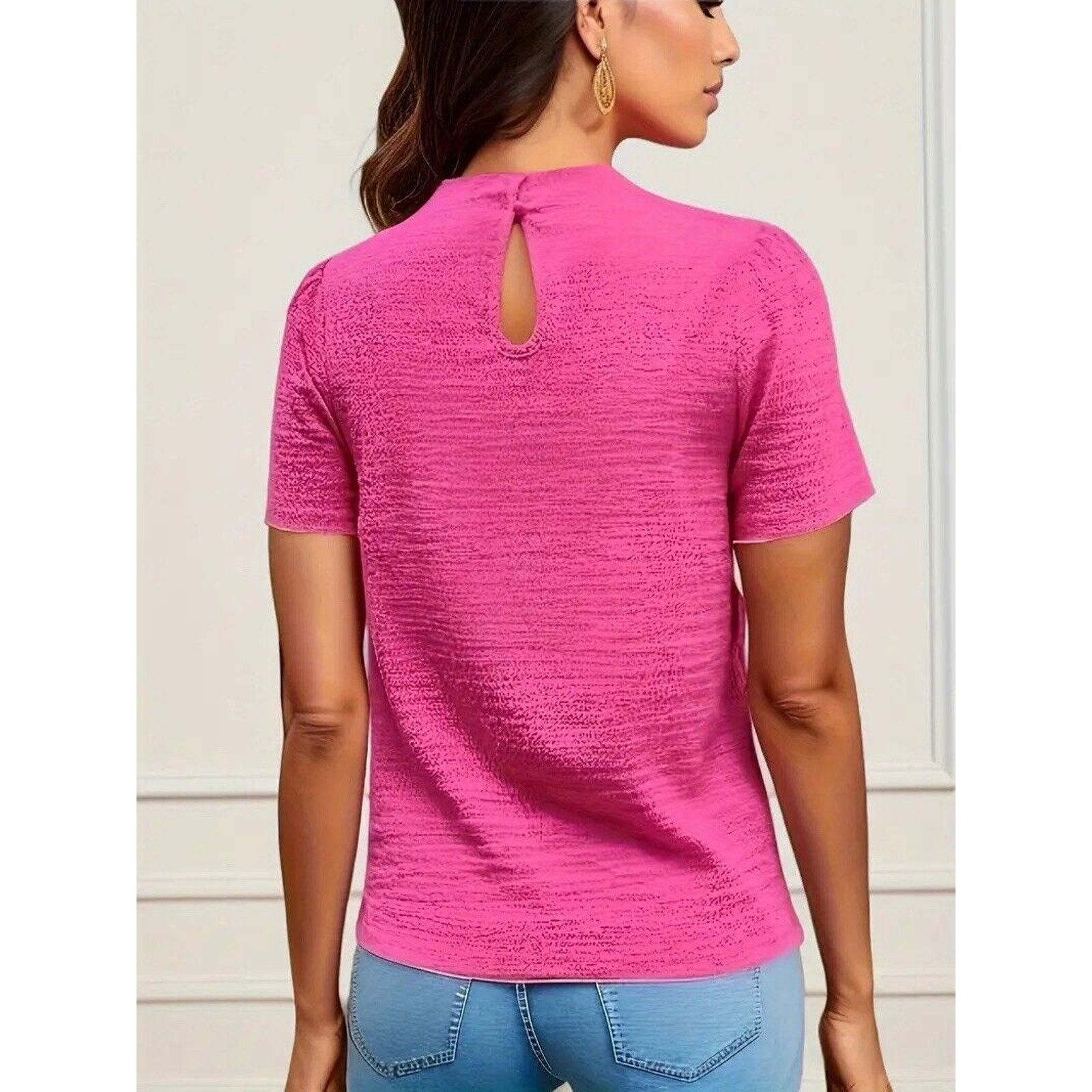 Shein NWOT! SHEIN Ruched Chic Keyhole Short Sleeve Blouse, Pink M Size M / US 6-8 / IT 42-44 - 13 Thumbnail