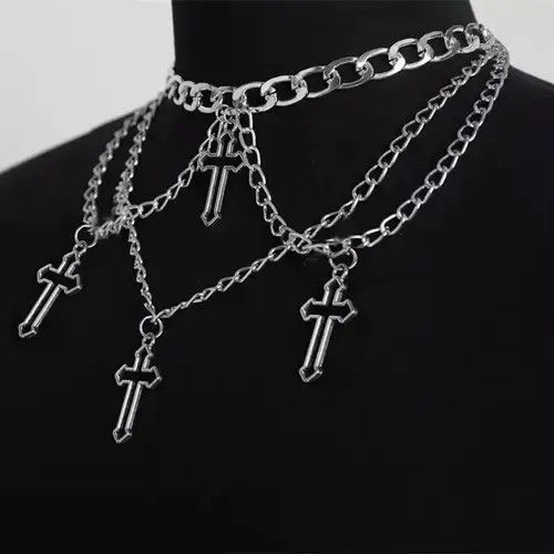 Jewelry Gothic Cross Pendant Choker Necklace in Silver, Men's