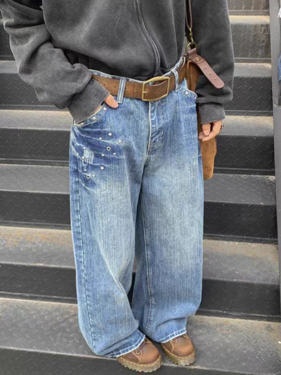 Japanese Brand × Jean Vintage studded washed loose fit straight leg jeans Size US 34 / EU 50 - 2 Thumbnail