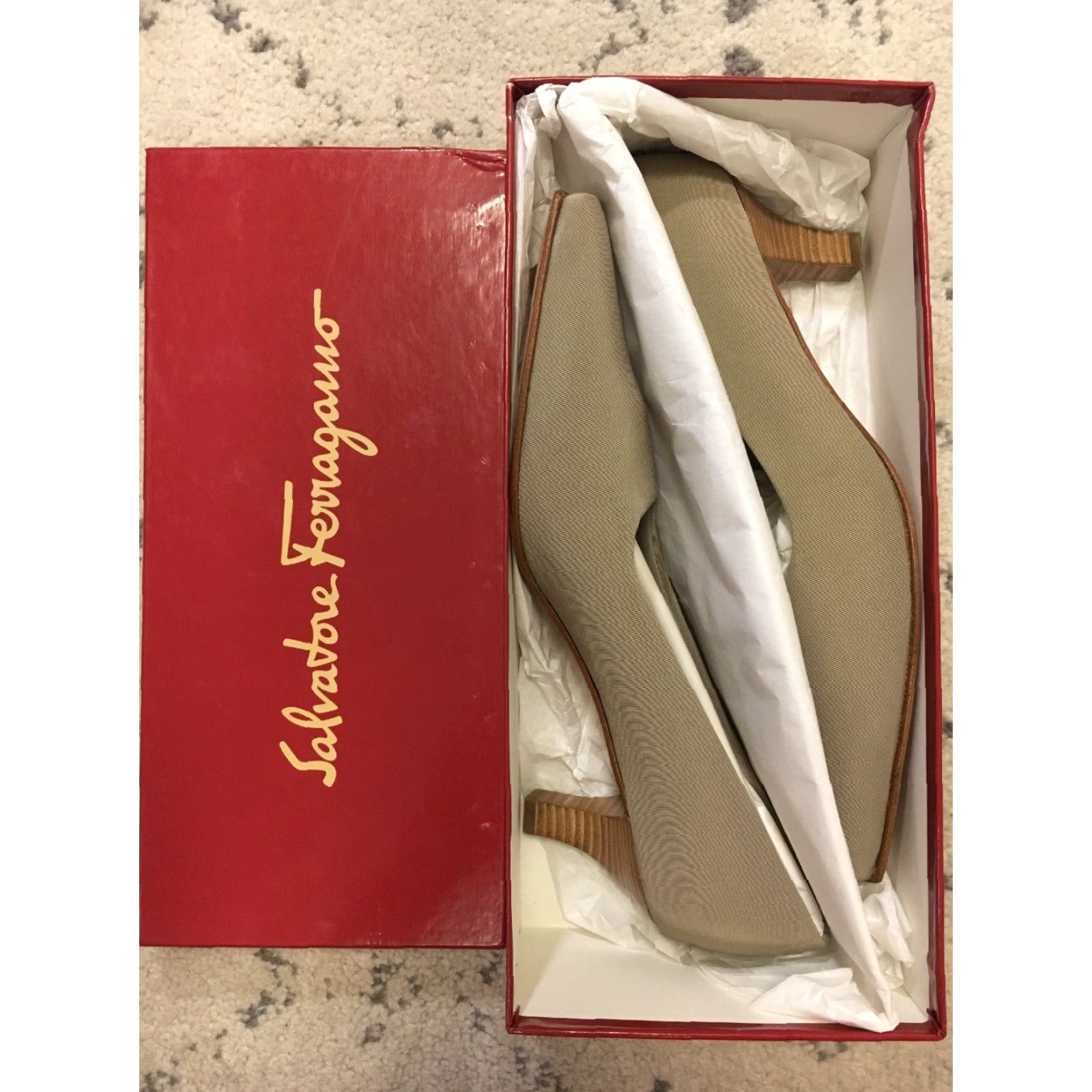 Salvatore Ferragamo Pump Women AA Narrow 9 Brown Taupe Freeway 5cm Corda Fabric NIB Shoes 9AA Narrow Mens?