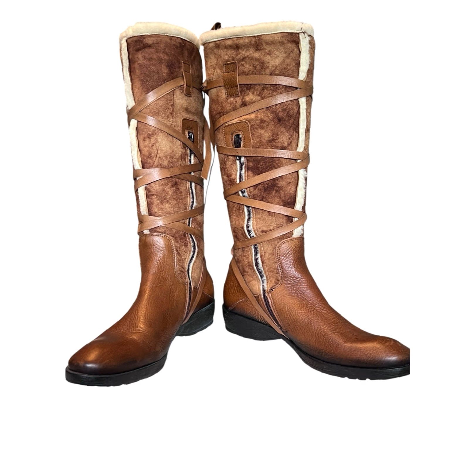 Vintage Vic Matie Boots Women Knee High Leather Brown Shearling Lined Strap Zip 39 9 Size US 9 / IT 39 - 5 Thumbnail