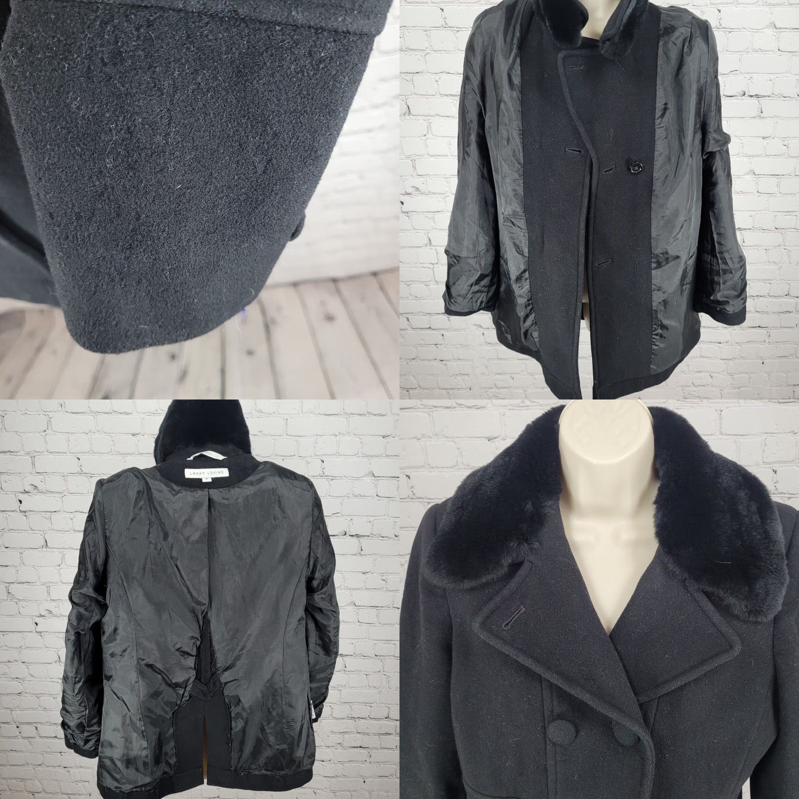 Vintage Larry Levine Black Wool & Cashmere Rex Rabbit Fur Collar Pea Coat Size Small S Womens Size S / US 4 / IT 40 - 8 Thumbnail