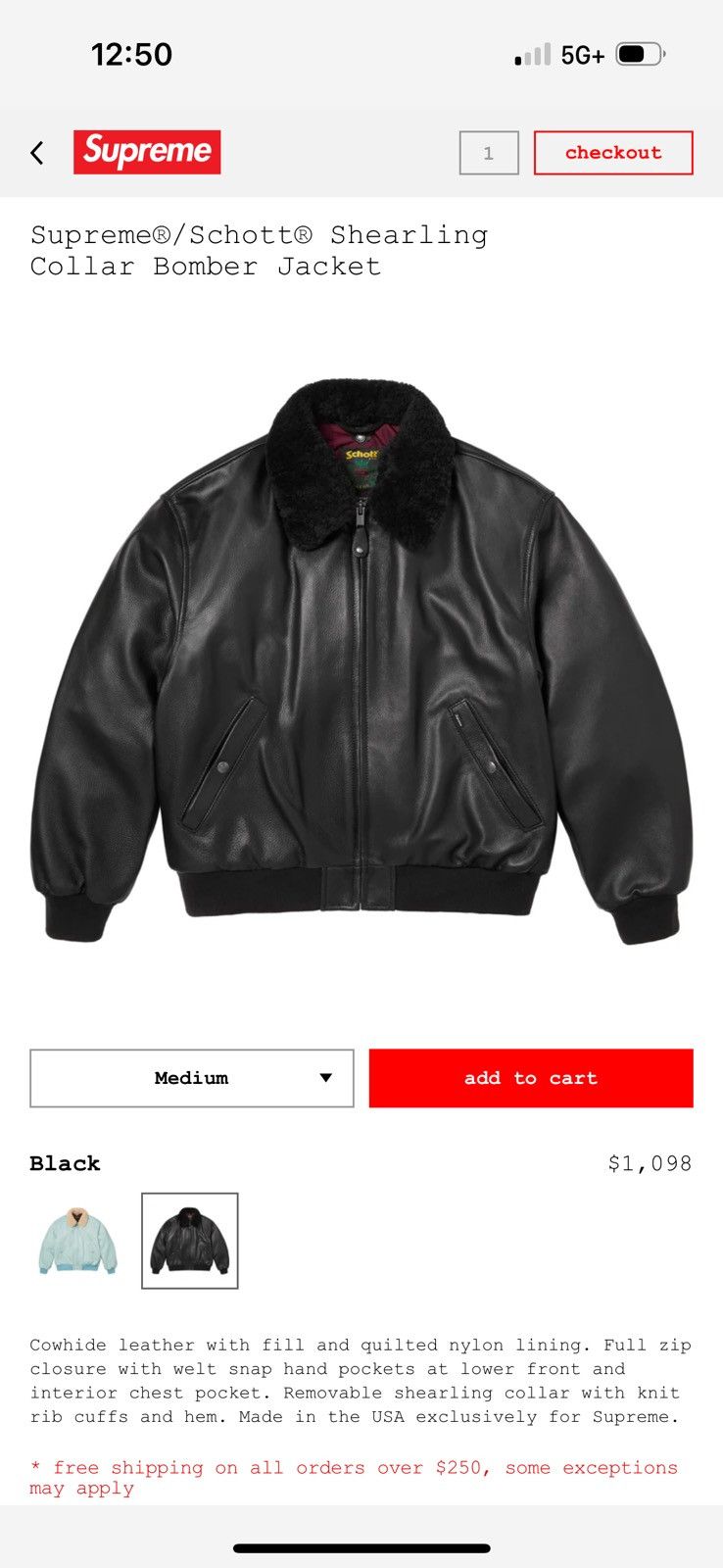 Schott × Supreme Supreme®/Schott® Shearling Collar Bomber Jacket