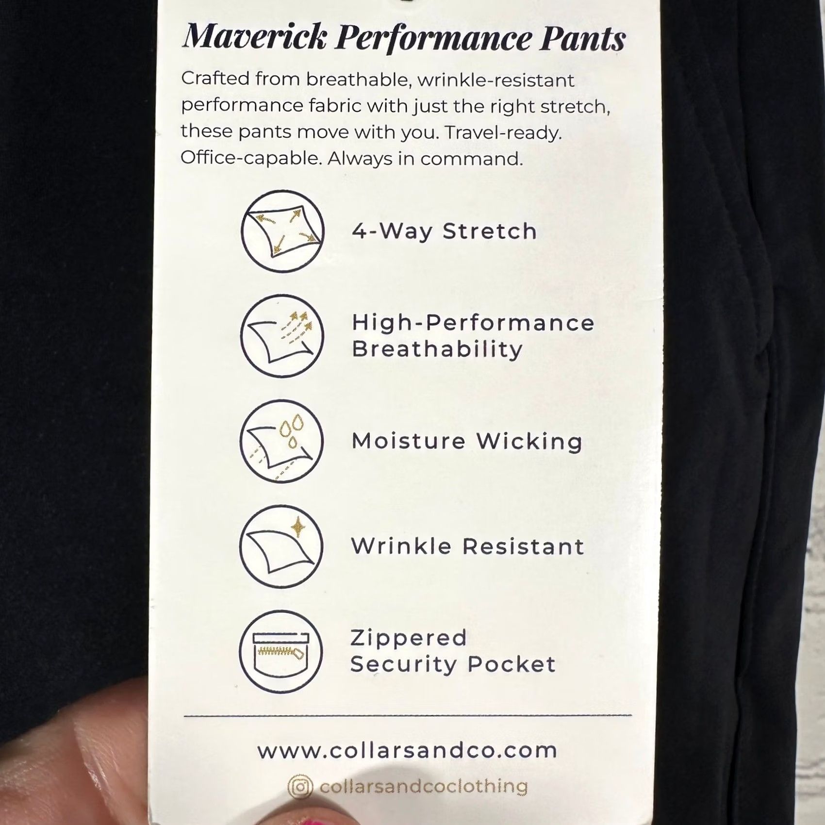 CO Collars & Co Maverick Performance Pants Mens 34x28 Black 4-Way Stretch Chino Slim Flat Front Workwear Travel Casual Size US 36 / EU 52 - 2 Thumbnail