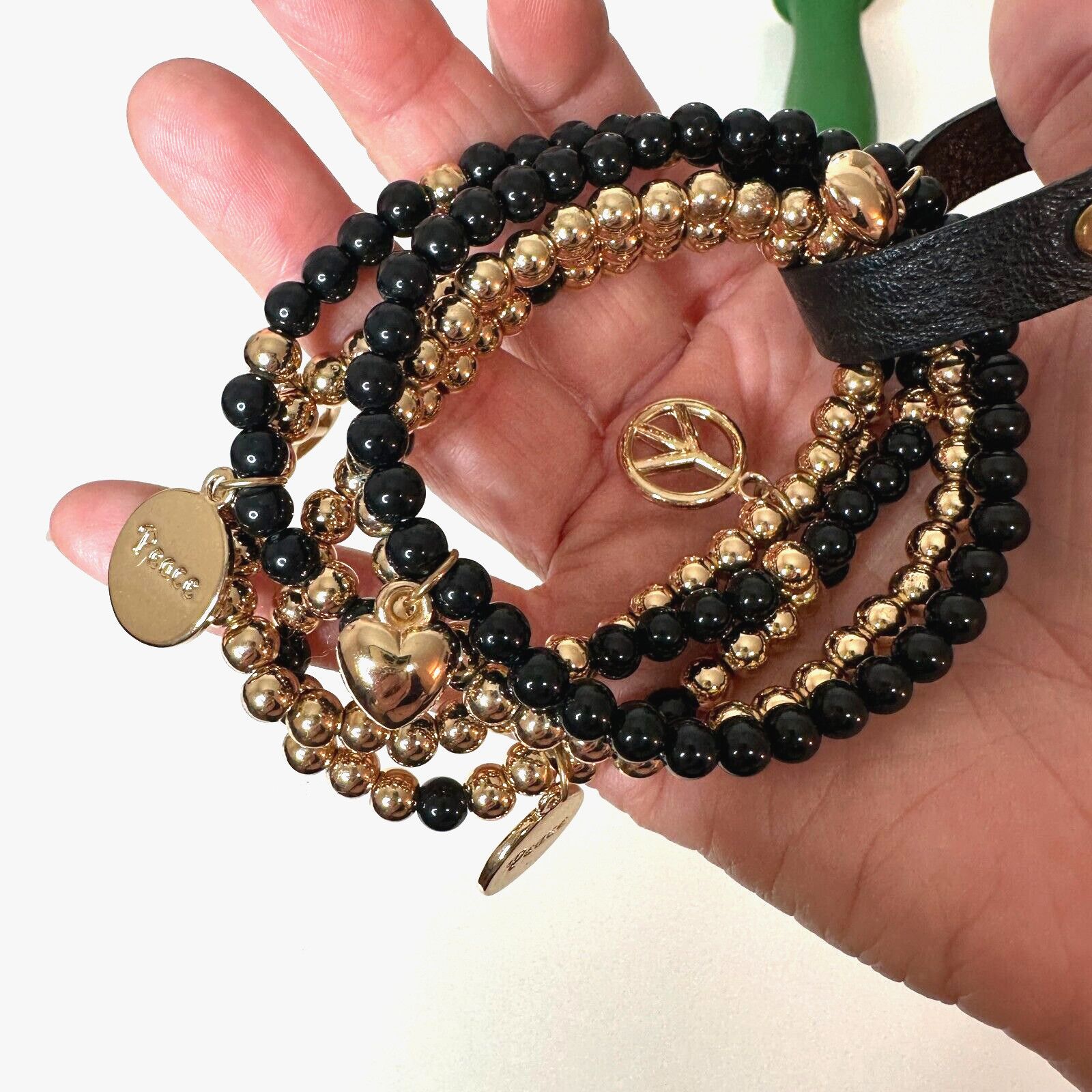 Macys Macy's Black & Gold Skull Heart Peace Bead Leather Bracelet Size ONE SIZE - 7 Thumbnail