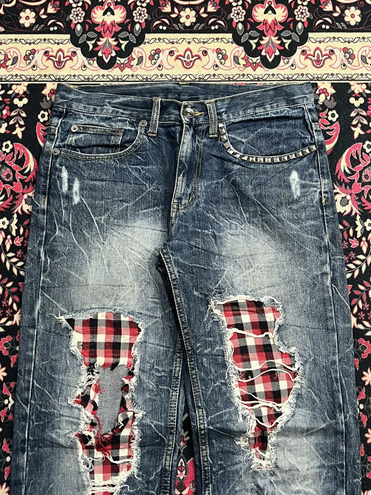 Hysteric Glamour Japanese Brand Tartan Patches Pocket Studded Crack Blue Jean Size US 31 - 4 Thumbnail